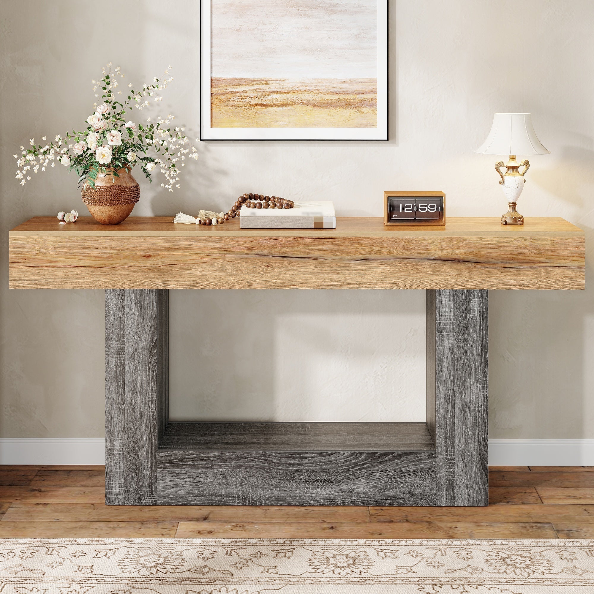 Two-Tone Console Table with Storage Shelf and Thick Tabletop, Wood Look Chipboard