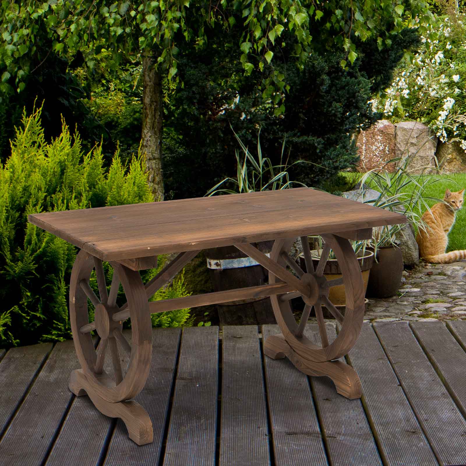 Garden Table, Wheeled Design Weather-Resistant 113 x 60 x 65 cm, Solid Wood Natural Finish