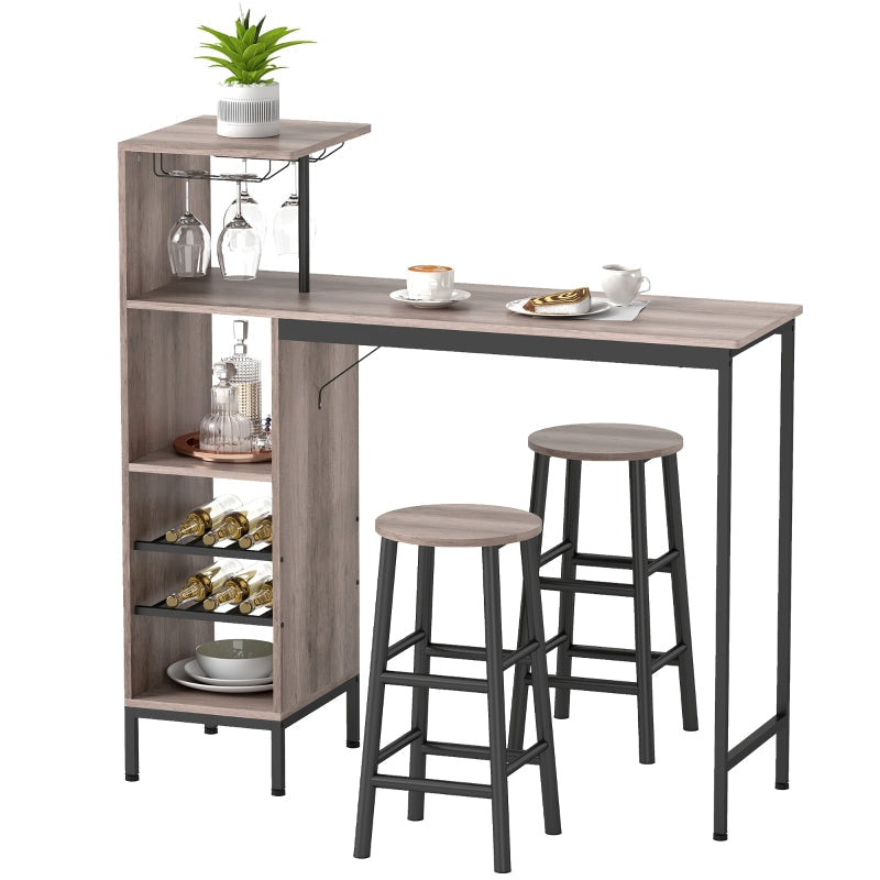 3-Piece Bar Table Set, Storage Wine Racks Footrest Stools, Grey
