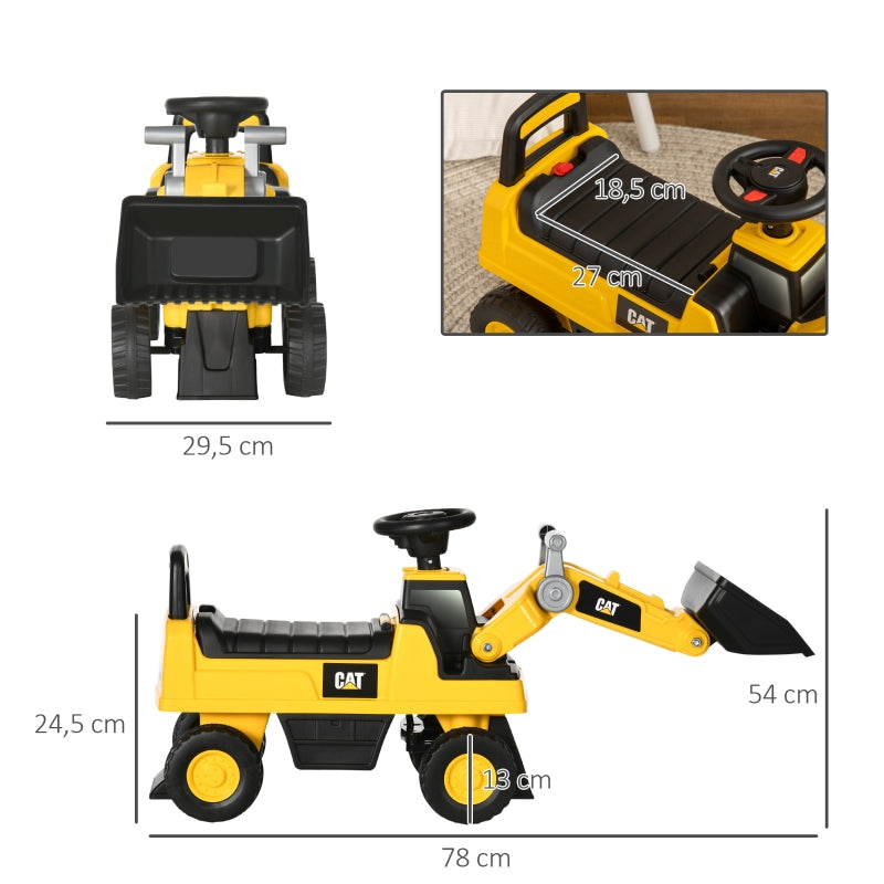 Children's excavator ride-on with operable shovel, anti-tip device, non-slip wheels, yellow and black
