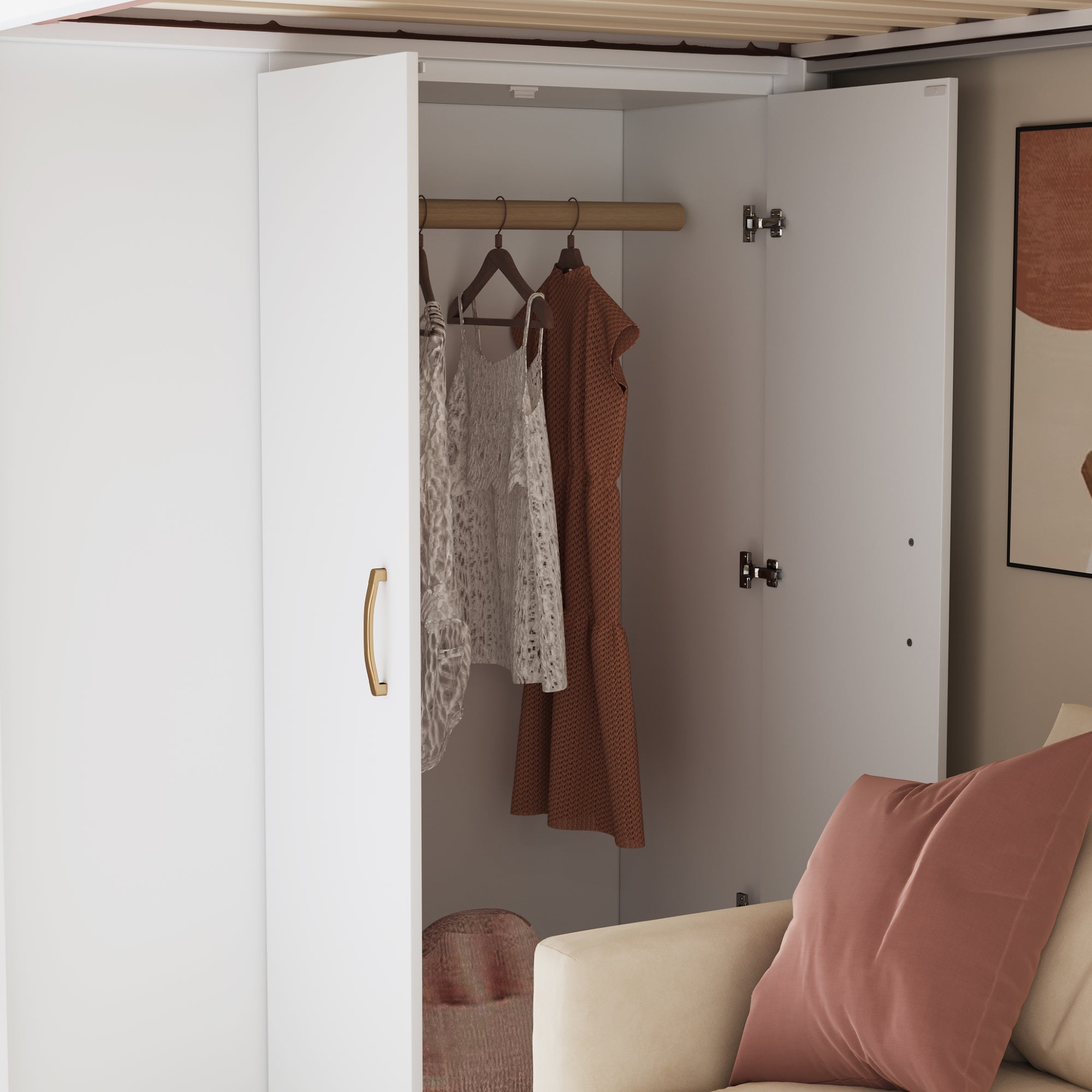 Loft Bed with Storage Stairs, Shelves and Wardrobe, Solid Wood White and Wood Color