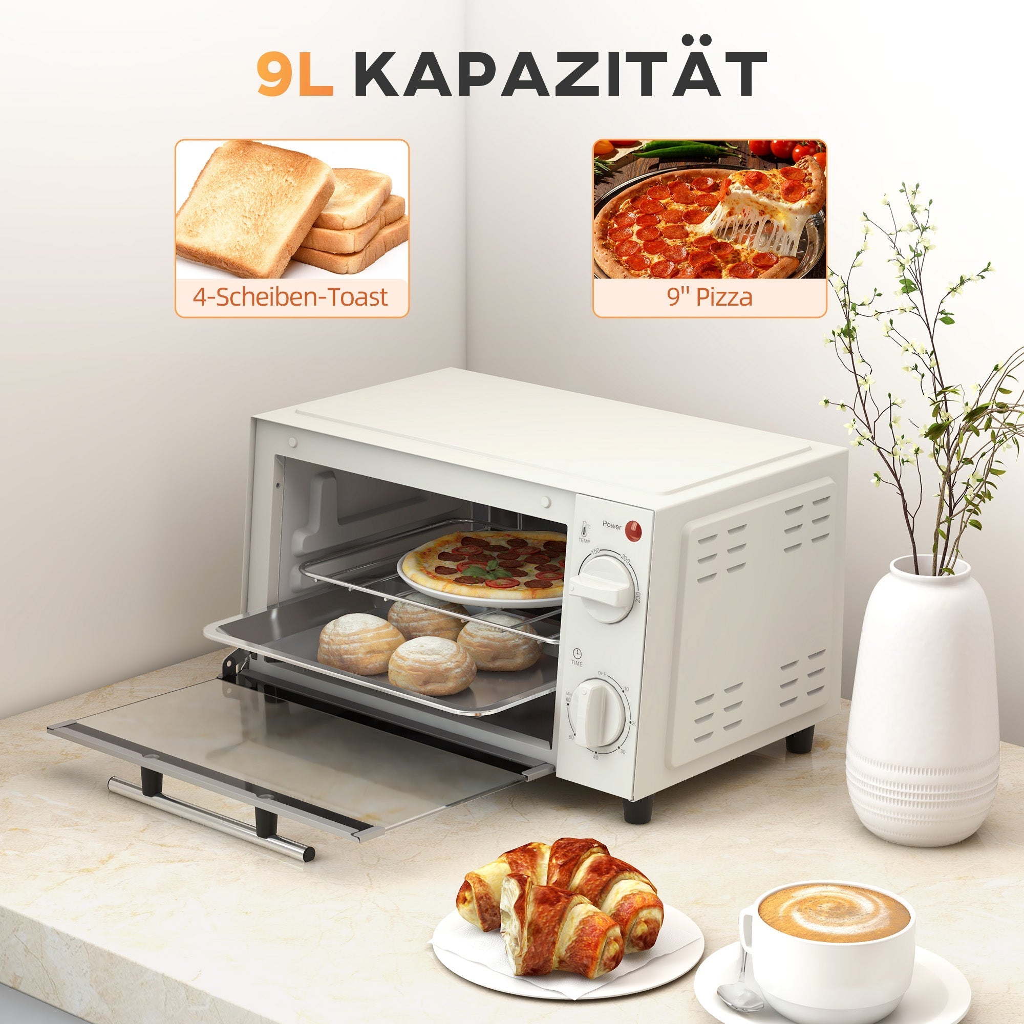Mini Oven 9L 750W with Baking Tray, Grill, Timer - Stainless Steel/Cream White