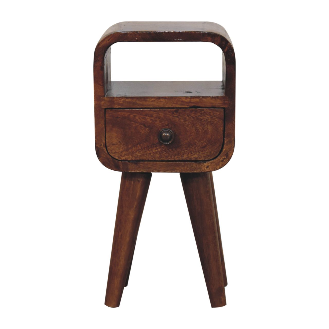 Solid Wood Extra Mini Curve Bedside, Open Slot and 1 Drawer, Dark Brown