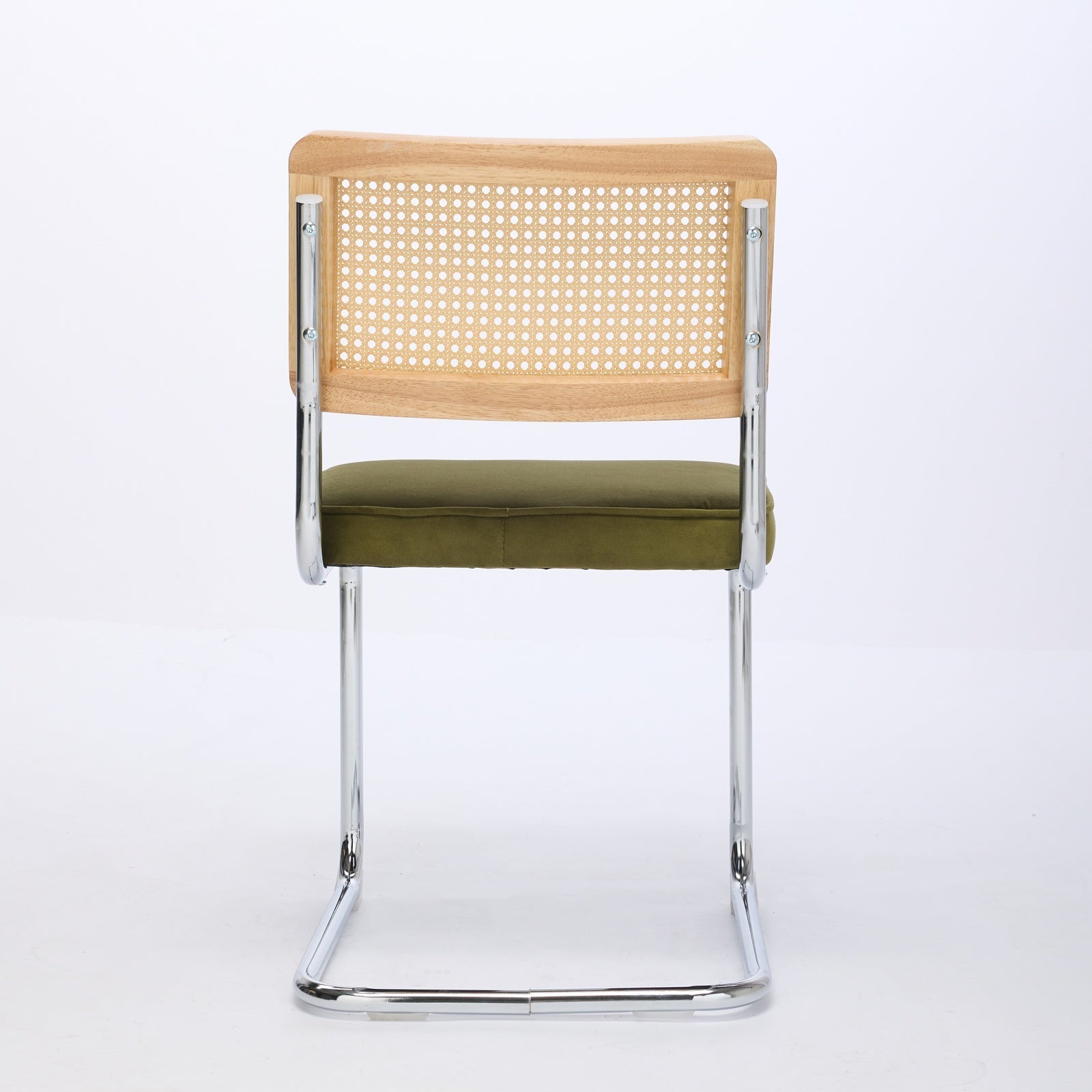 Dining Chairs Set of 2 Mid Century Modern Velvet Cane Back Chrome Base - Olive Green