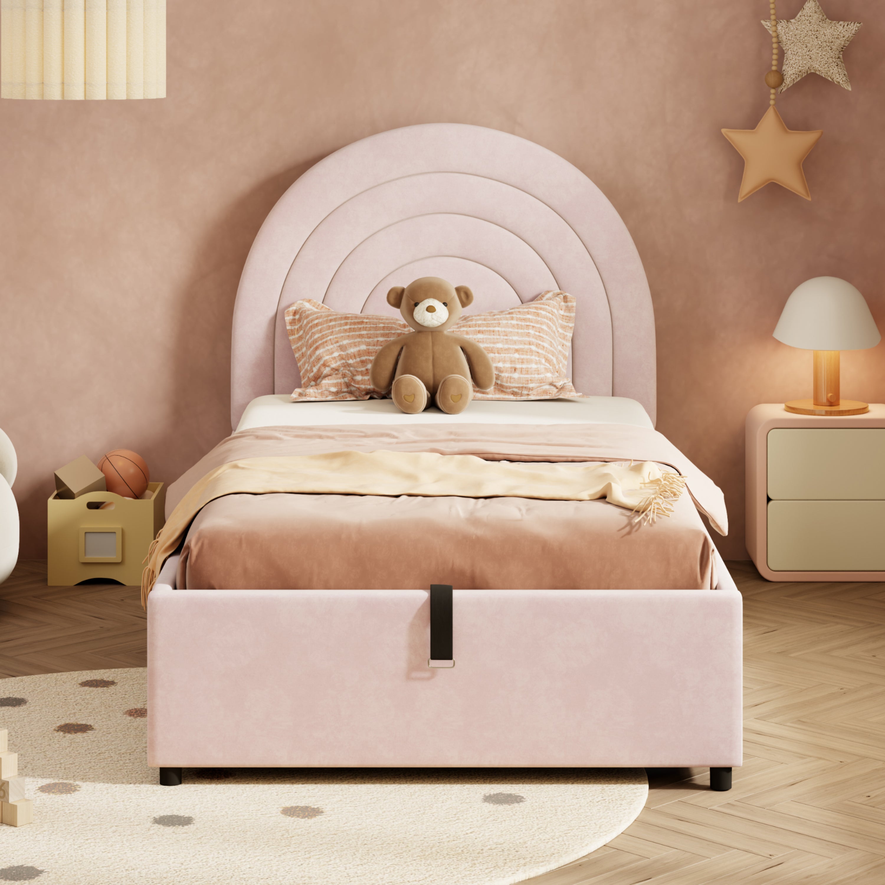 Upholstered Single Bed 90x200 with Slatted Base and Headboard, Pink Velvet