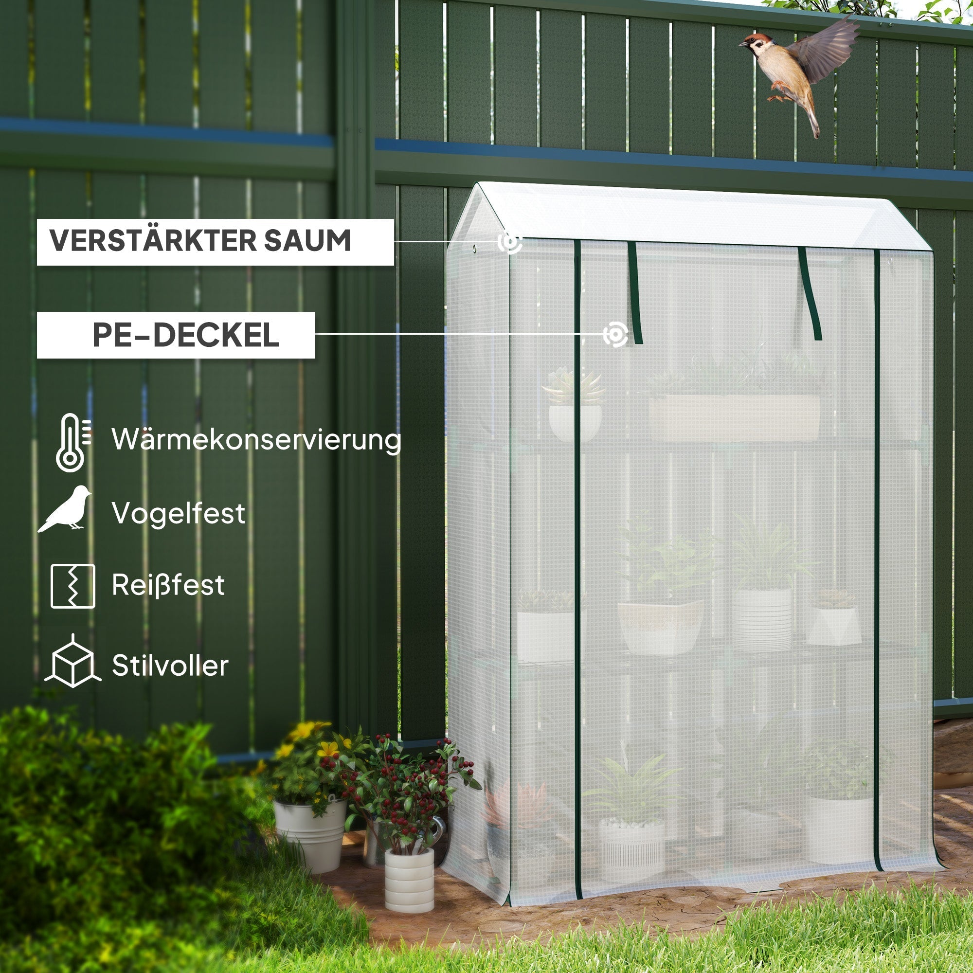 Gewächshaus mit Regalen, Rolltor, UV-Schutz, Stahl, Weiß