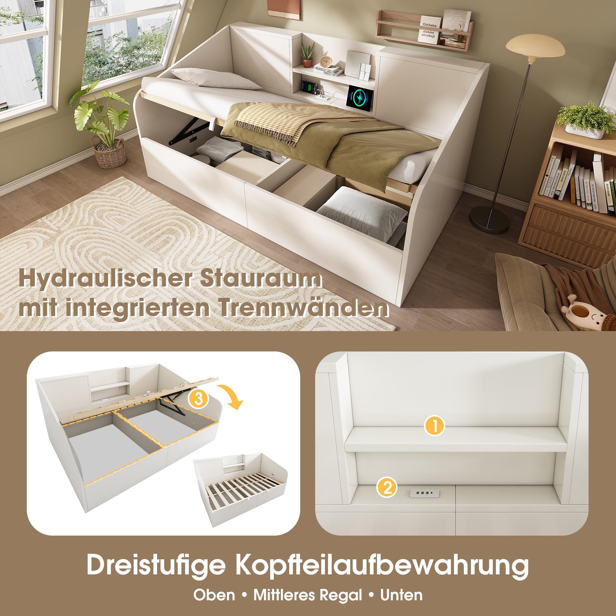 Daybed 90x200cm Hydraulic Storage USB/Type-C Charging - White Wood