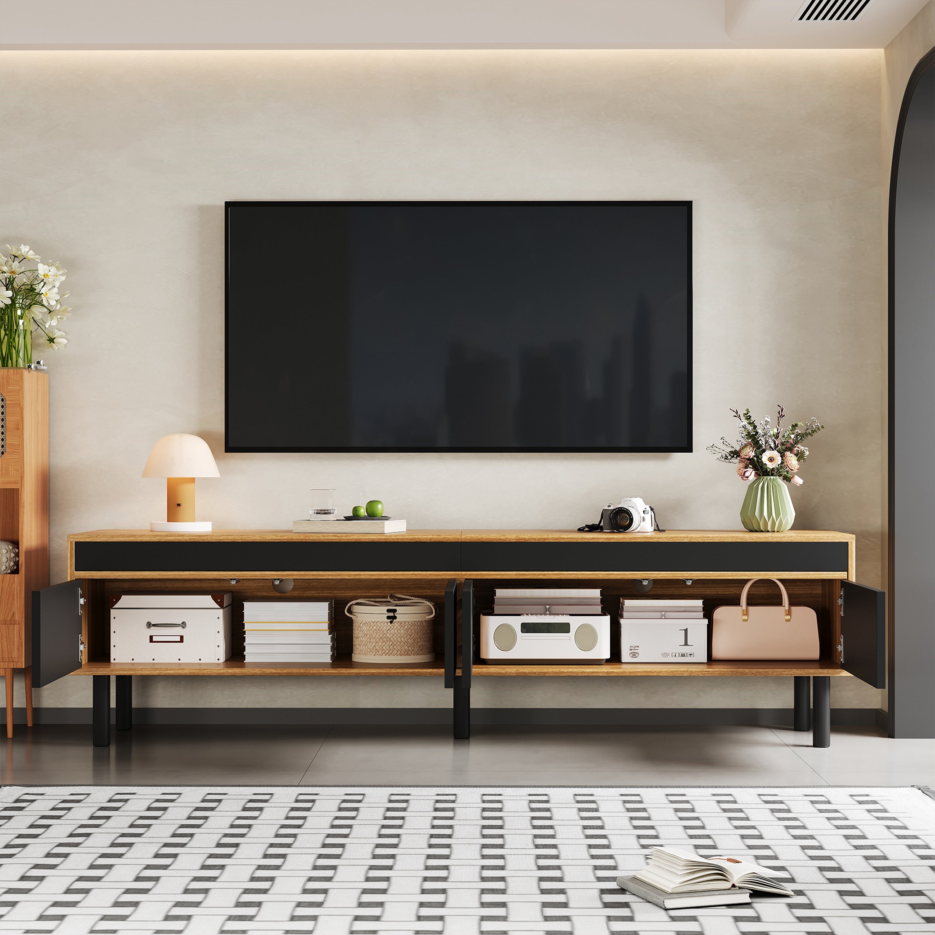 TV Cabinet with TV Panel, 4 Doors, Fine Texture, Black or Natural Wood