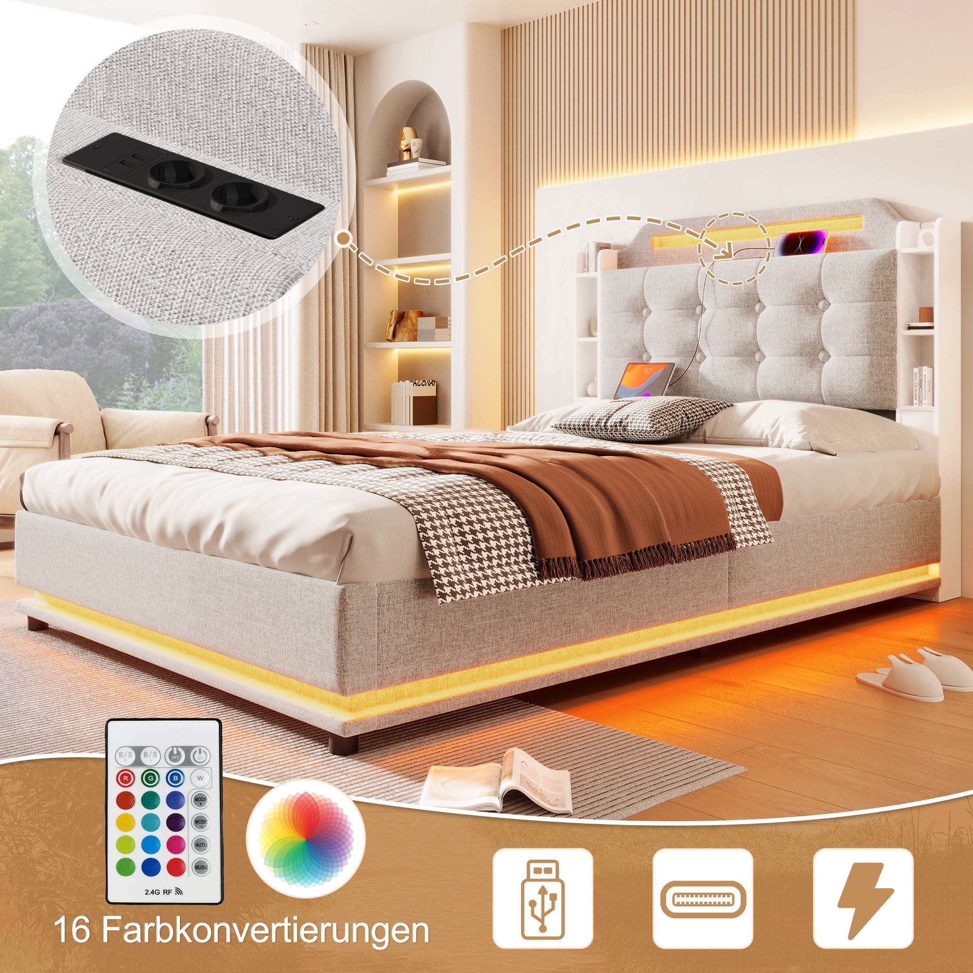 Upholstered Bed 140x200cm Hydraulic Storage LED USB/Type-C Linen Beige