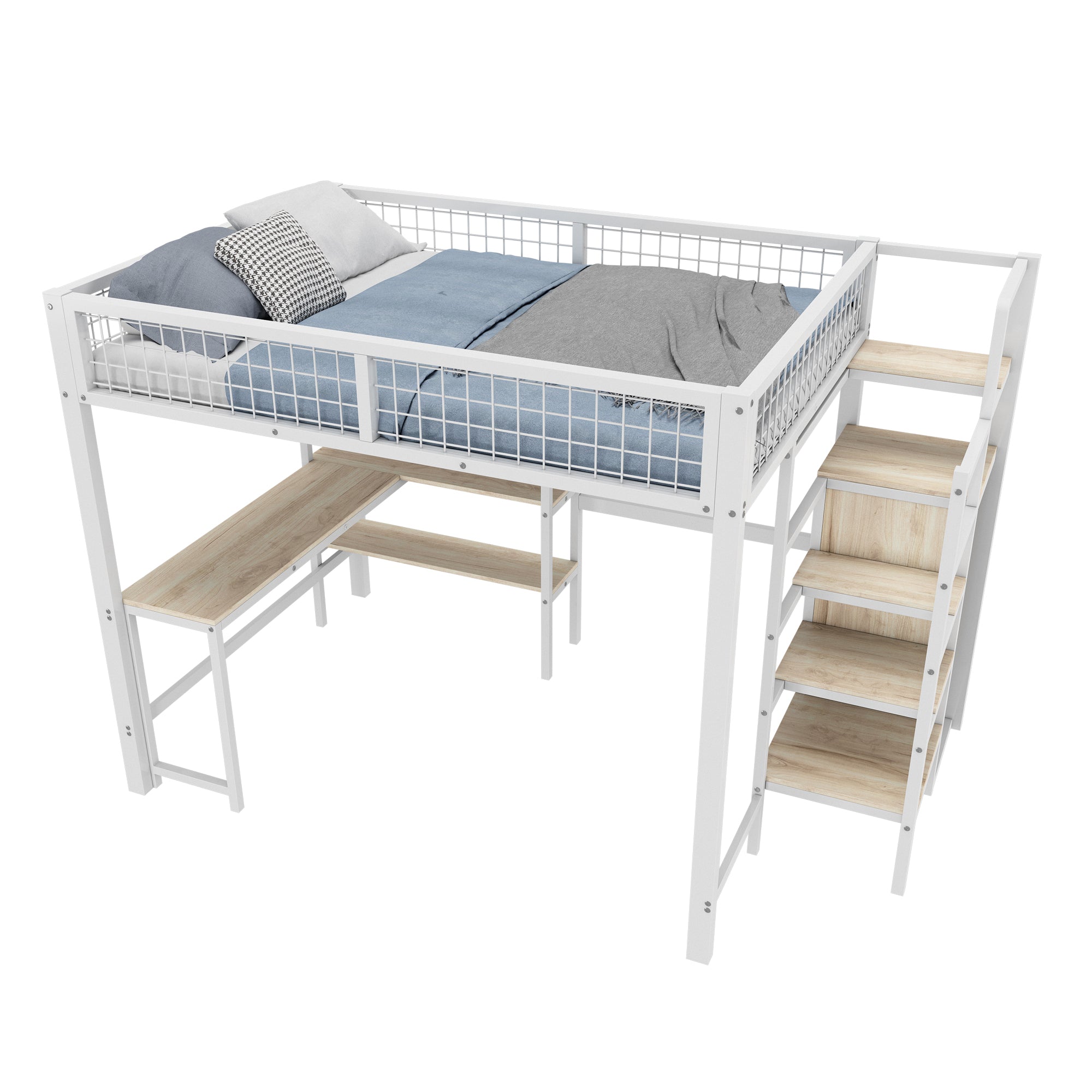 Loft Bed 140x200cm Iron Frame with Storage Ladder Shelves Wardrobe Desk White