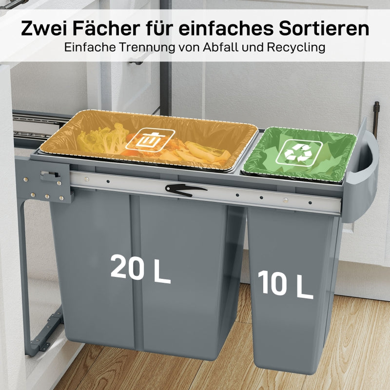 Extendable Waste Bin 30L with 2 Removable Buckets - Grey Metal