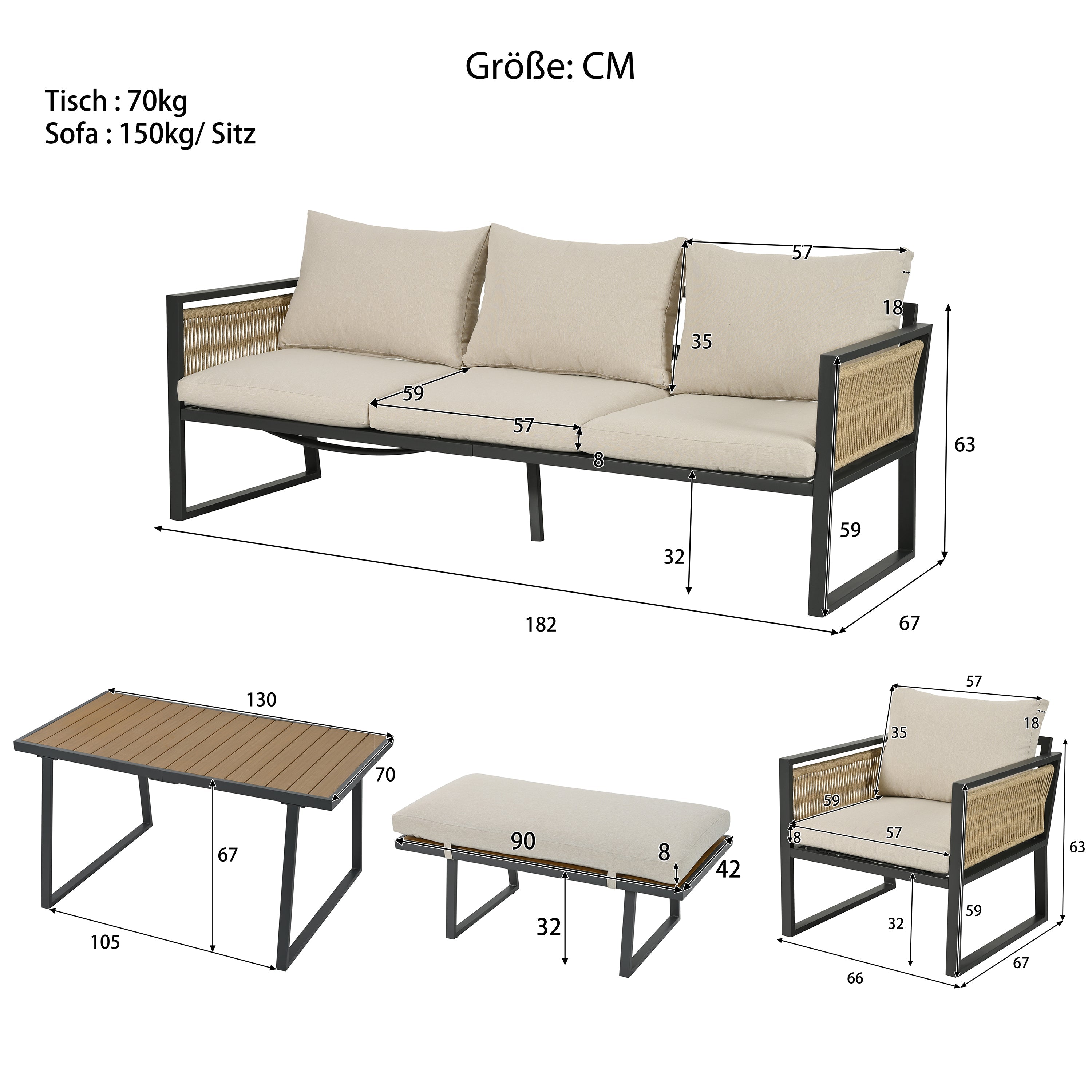 5-Piece Garden Dining Set with 3-Seater Sofa, 2 Armchairs, Stool and Table, Woven Rope and Steel, Beige