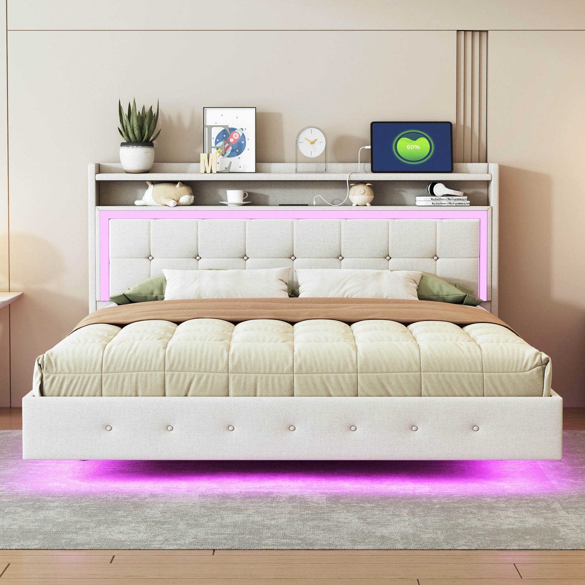 Upholstered Bed 160*200, USB & LED, Double Flat, Linen Fabric Beige