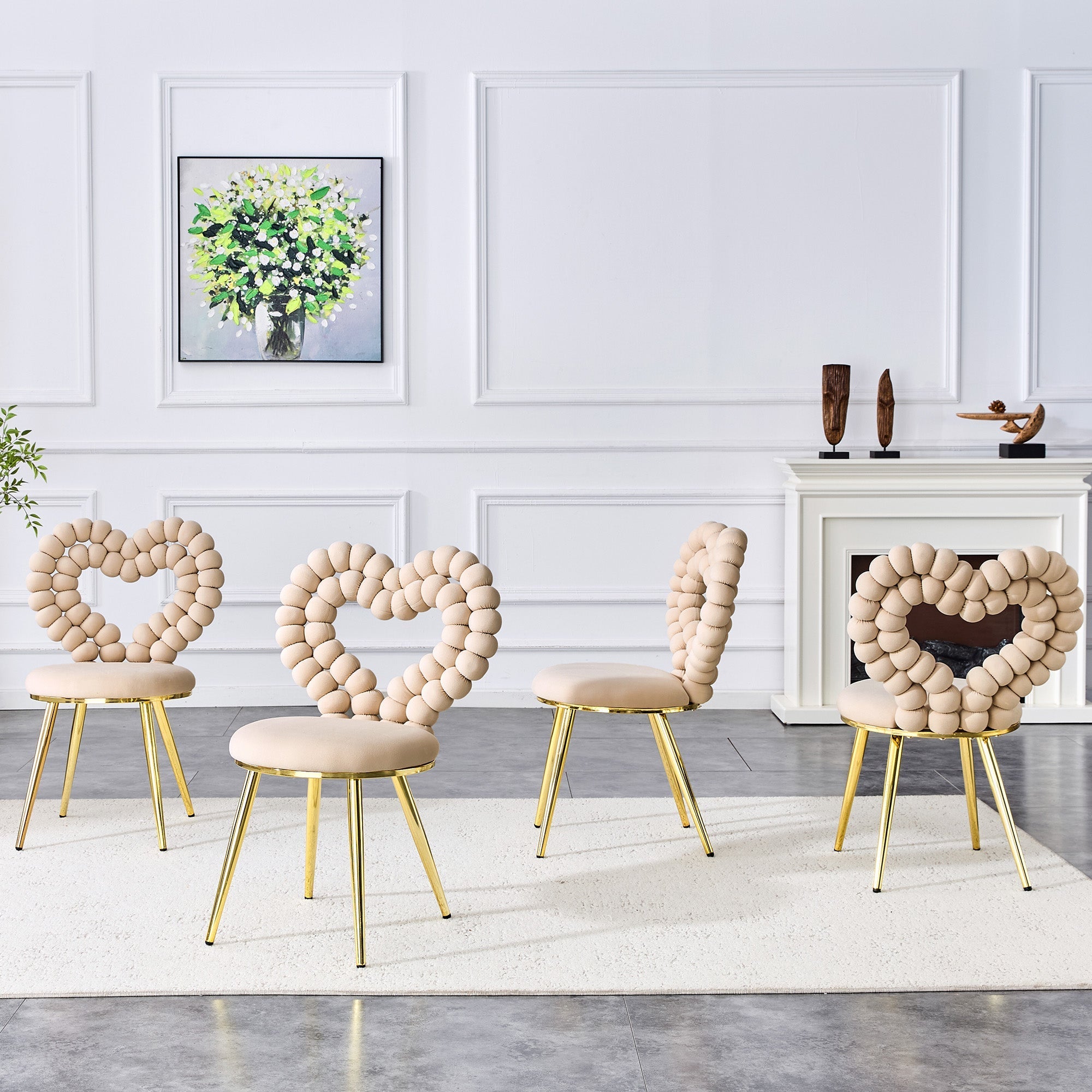 Dining Chairs (Set of 2) Heart Cutout Backrest Gold Metal Legs - Light Beige Velvet