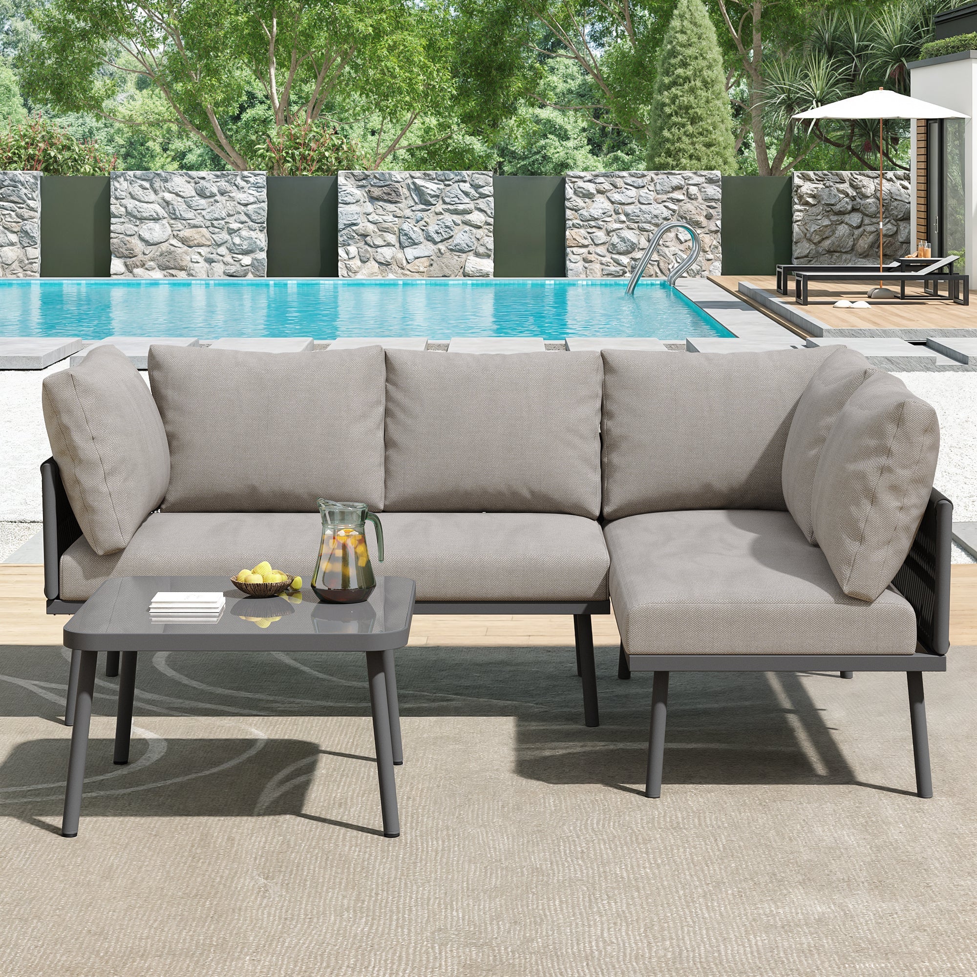 Garden Lounge Set L-Shaped 2 Sofas 1 Table Adjustable Feet Grey Rope/Iron