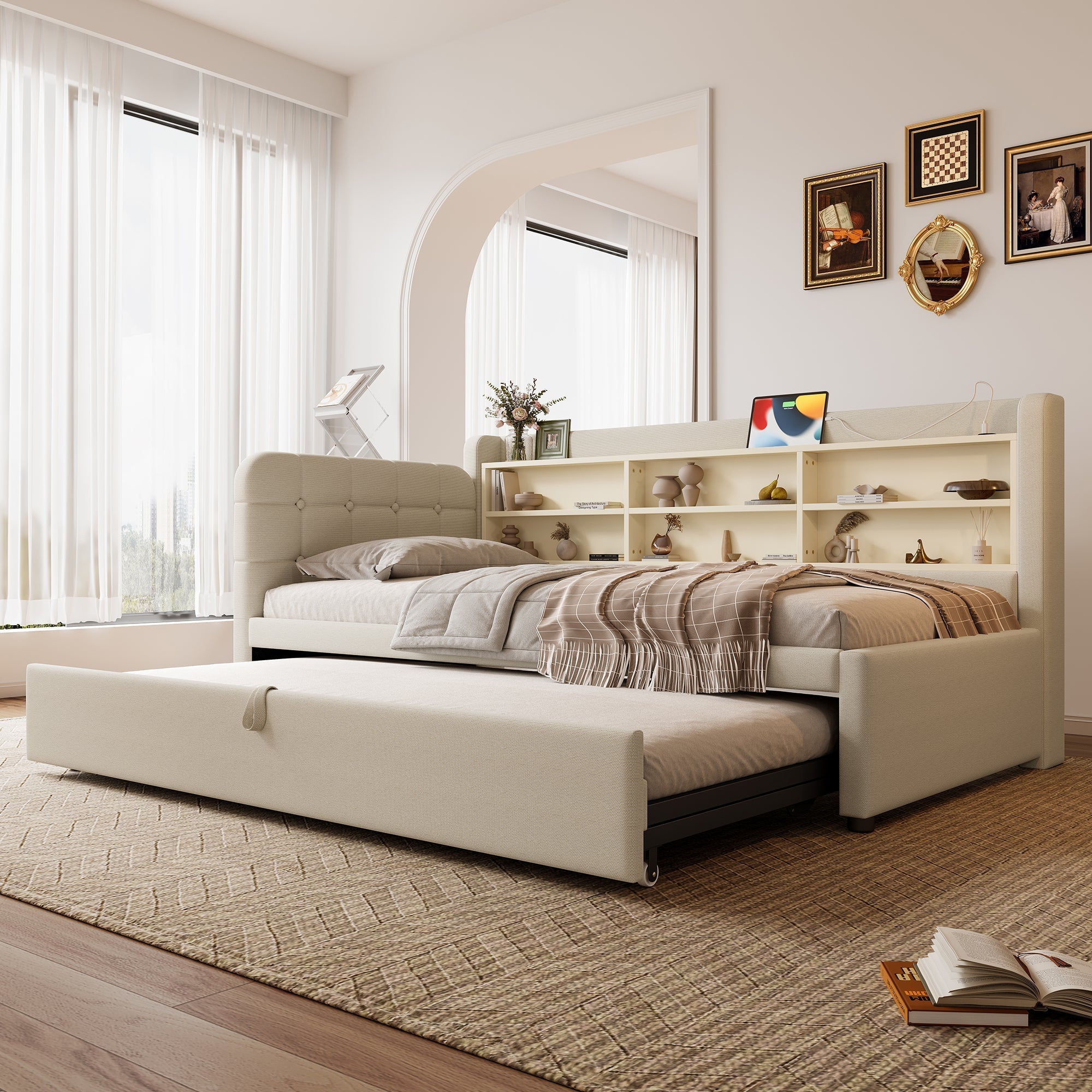 Daybed Sofa Bed 90x200cm Pull-out Bed USB/Type-C Storage Shelves - Linen Beige