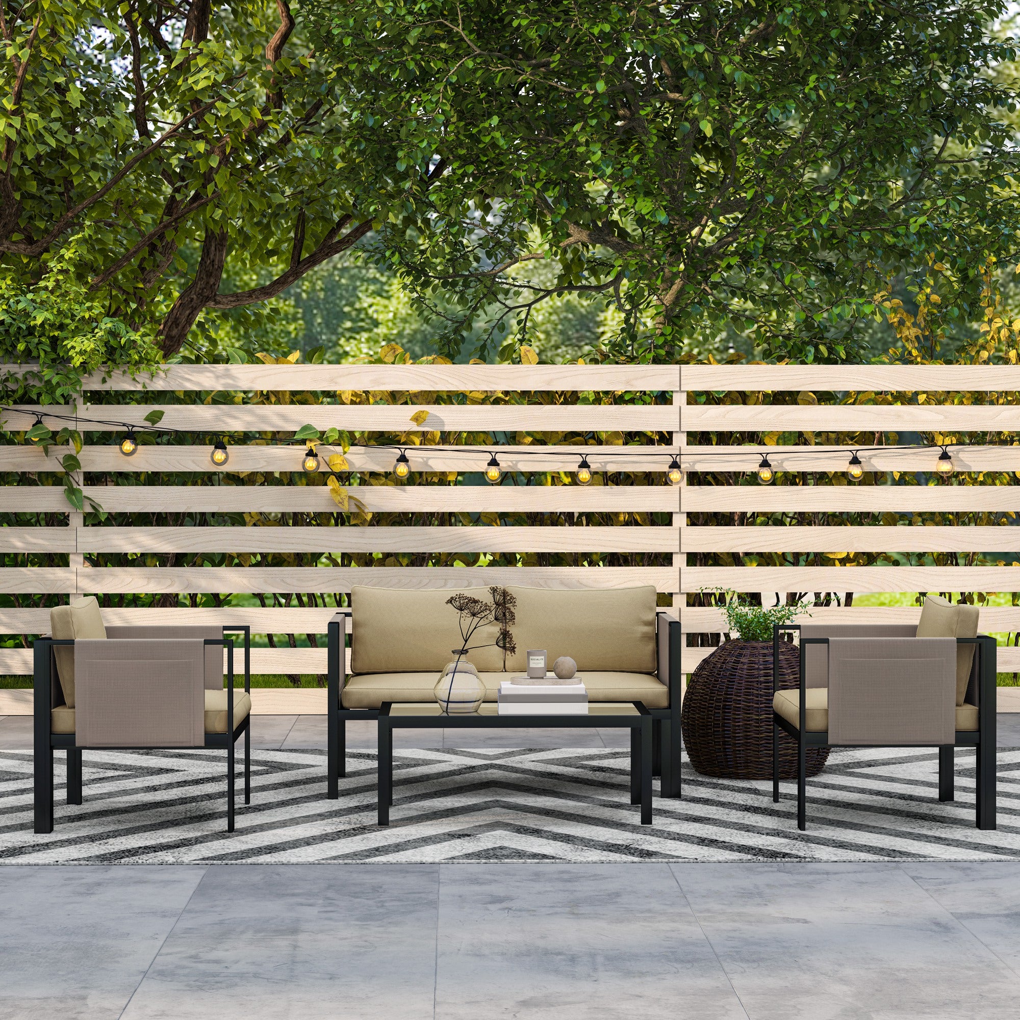 4 Piece Garden Furniture Set with Tempered Glass Coffee Table, Loveseat, Armchairs, Padded Cushions, Khaki Metal