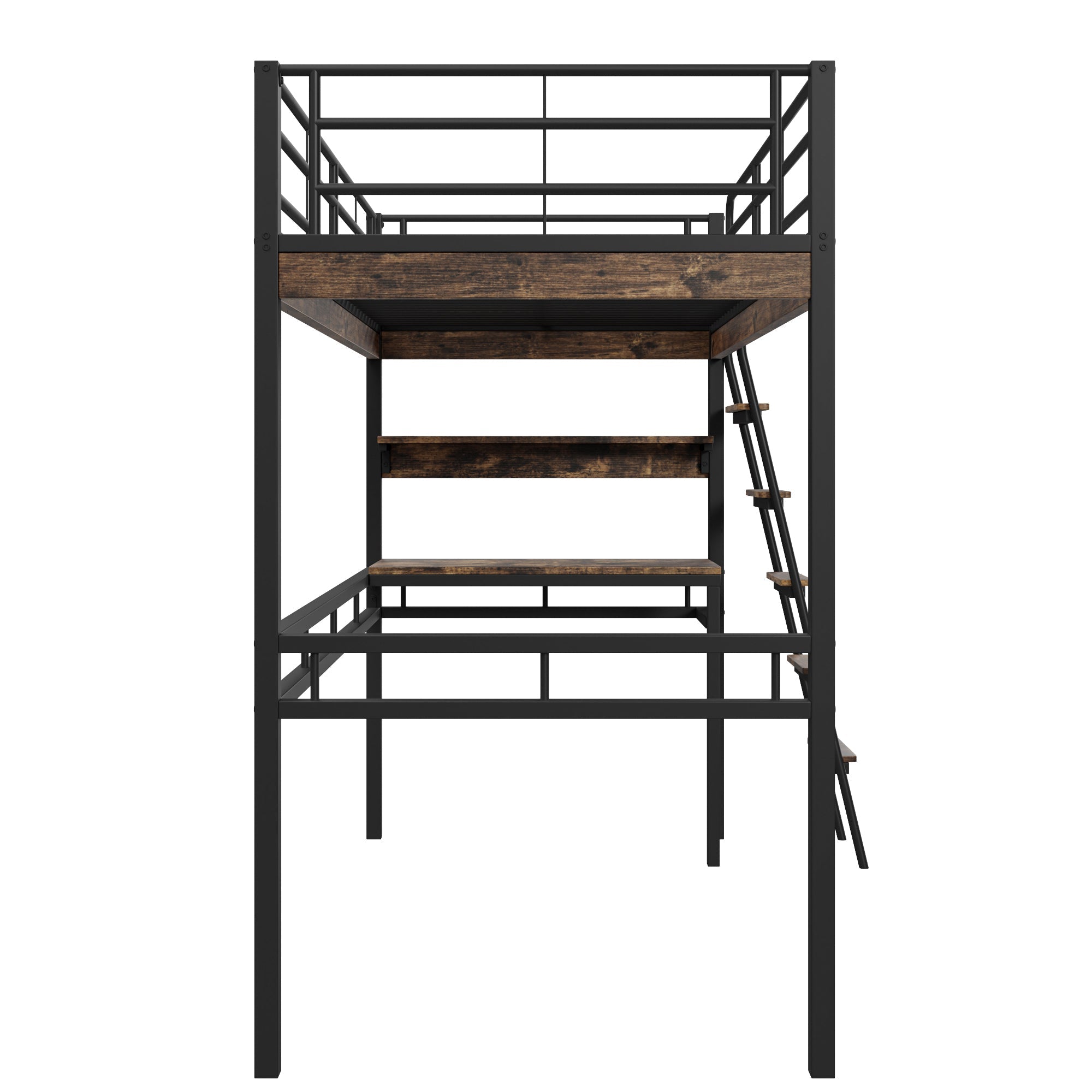 Loft Bed 90x200cm with Desk Shelves Ladder - Black Iron