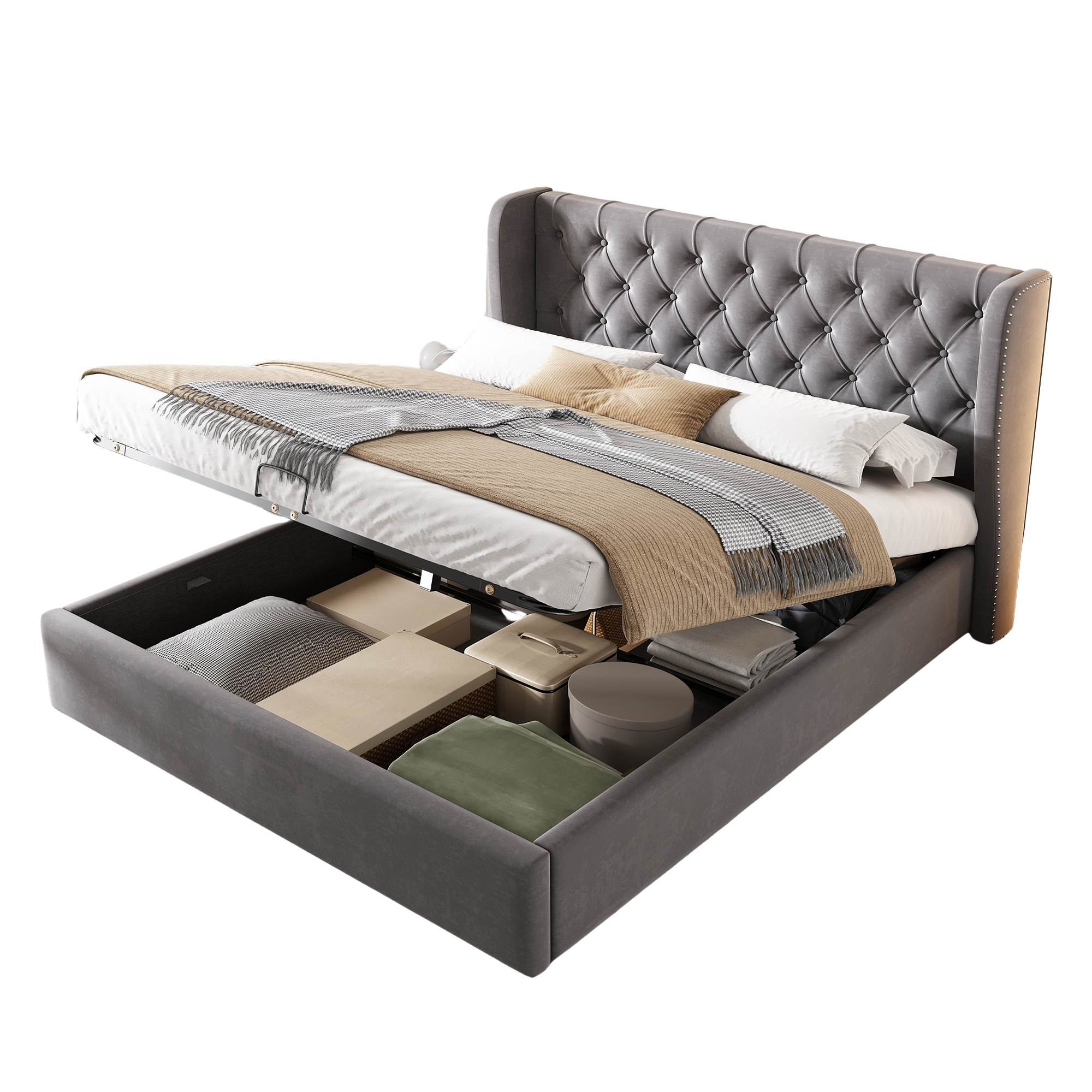 Upholstered Bed 140x200 Hydraulic Storage Slatted Frame with Ear Shape & Button Seams - Velvet Grey