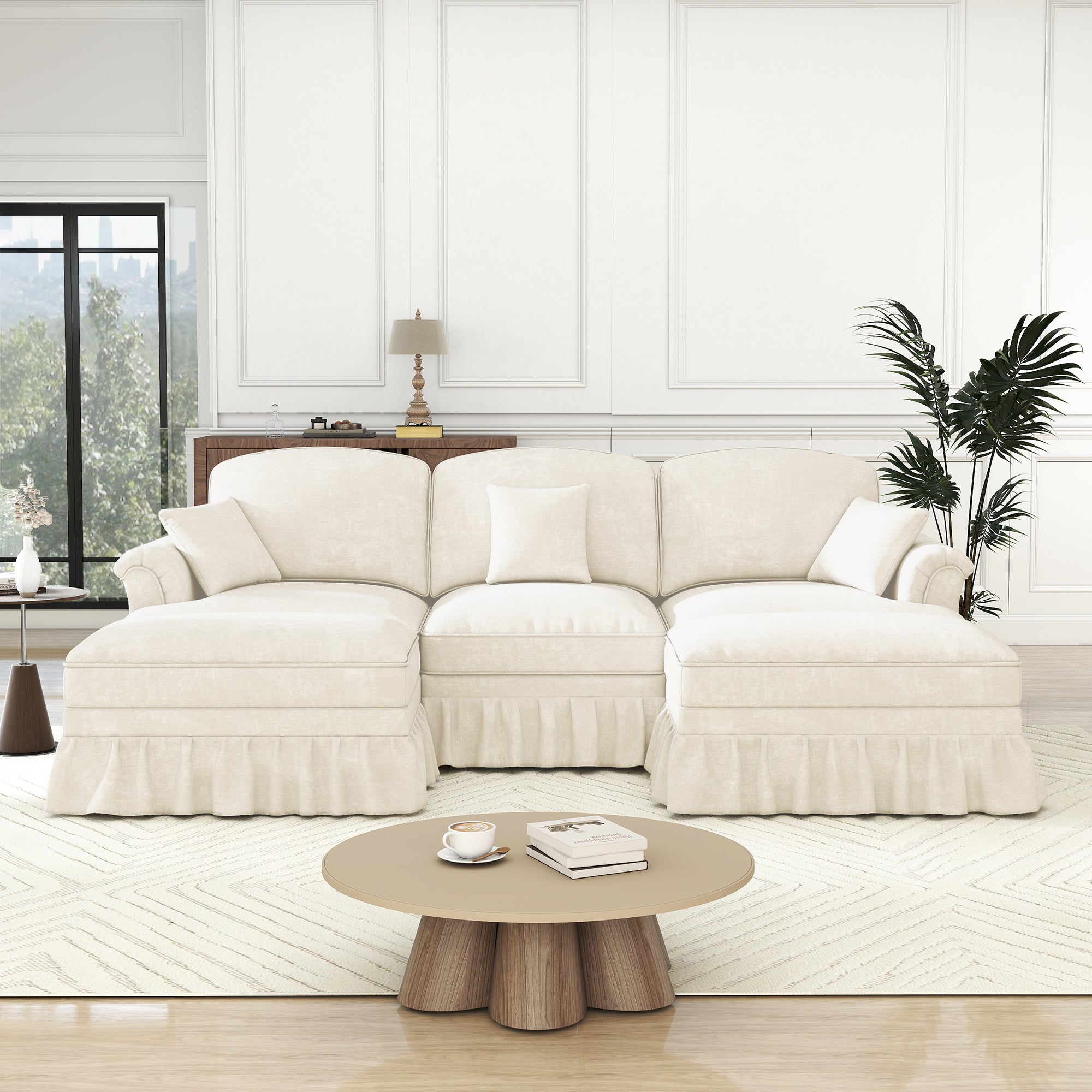 Classic Modular U-Shaped Sofa Chenille Movable Ottoman - White