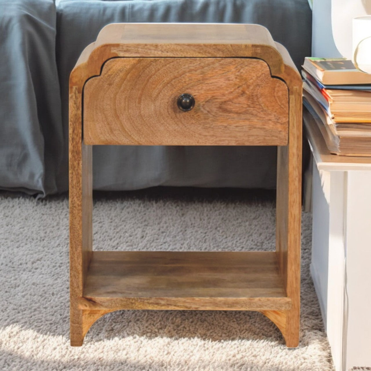 Newton Mini Nightstand with Drawer and Shelf, Solid Wood Brown