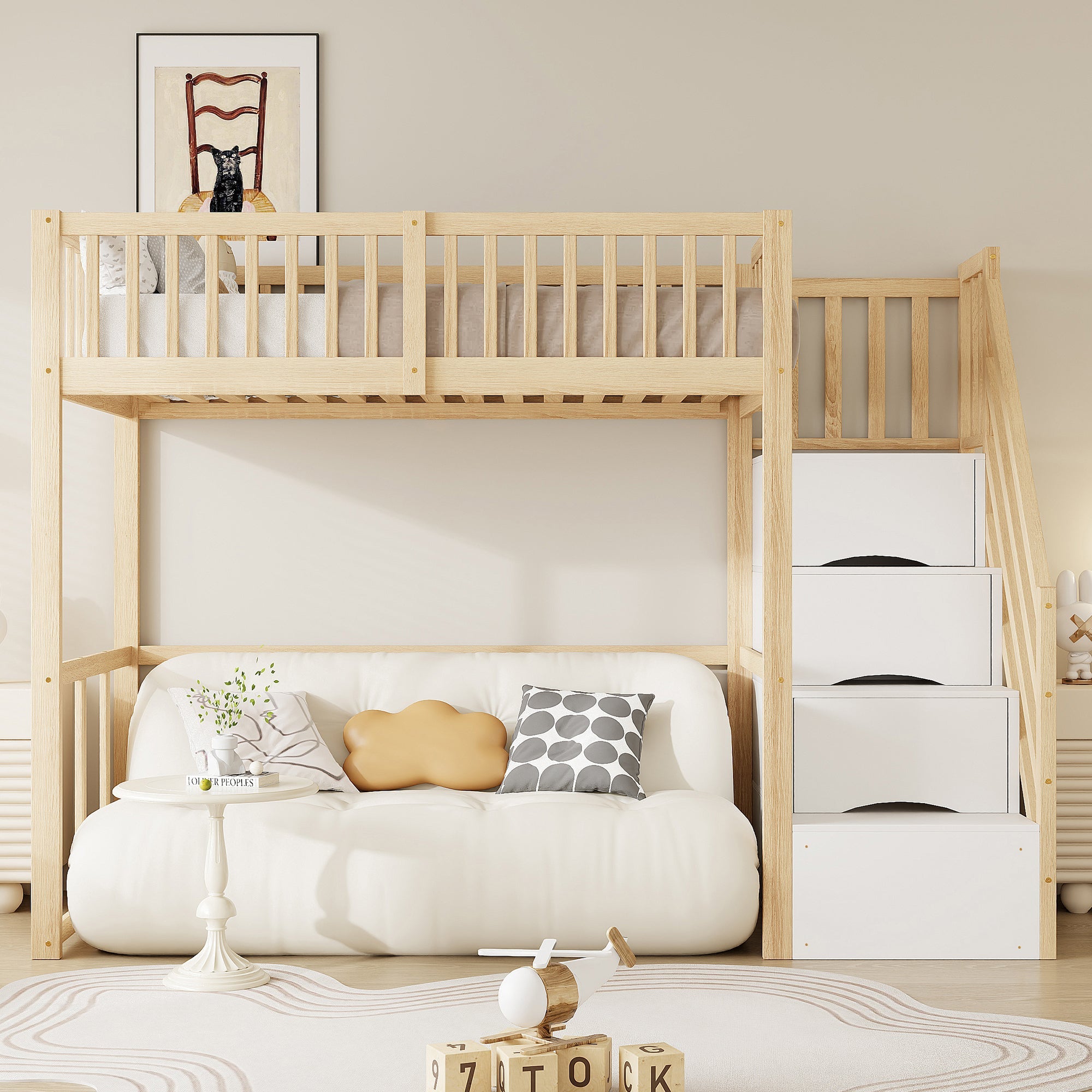 Loft Bed 90x200 Safety Storage Ladder, Solid Pine Wood