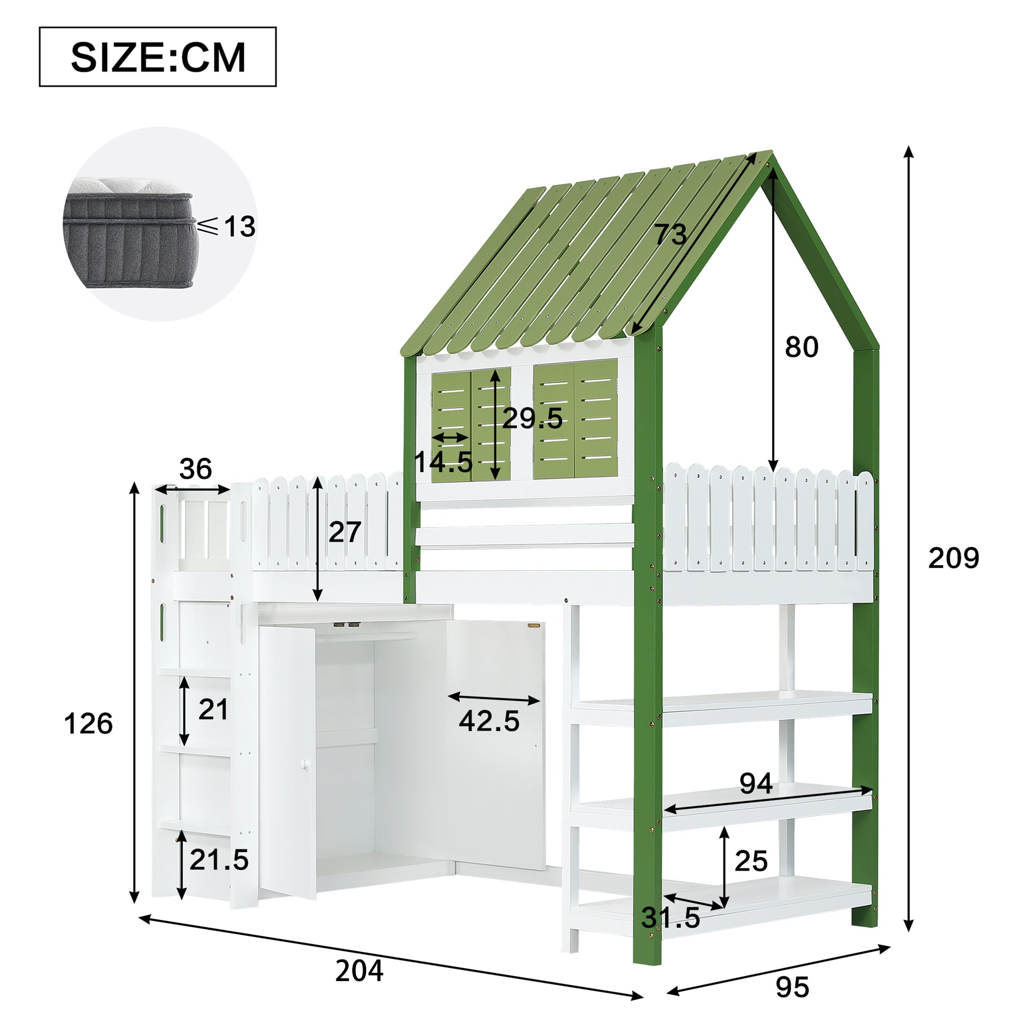 Loft Bed, Children's with Wardrobe & Ladder, Pine+MDF+Plywood, White+Green