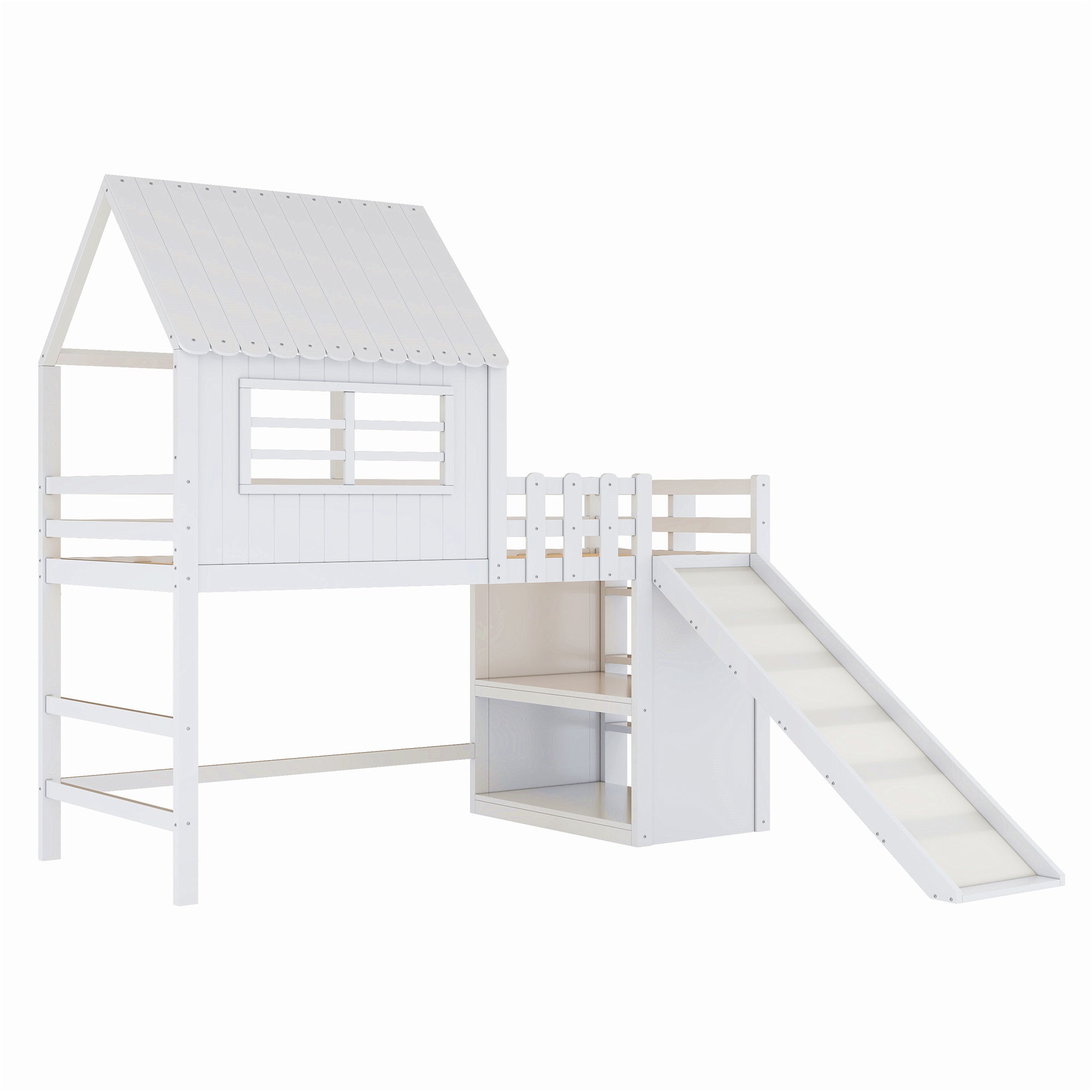 Children's Bed 90x200cm, Attic Design with Ladder, Slide & Storage, Solid Wood, White
