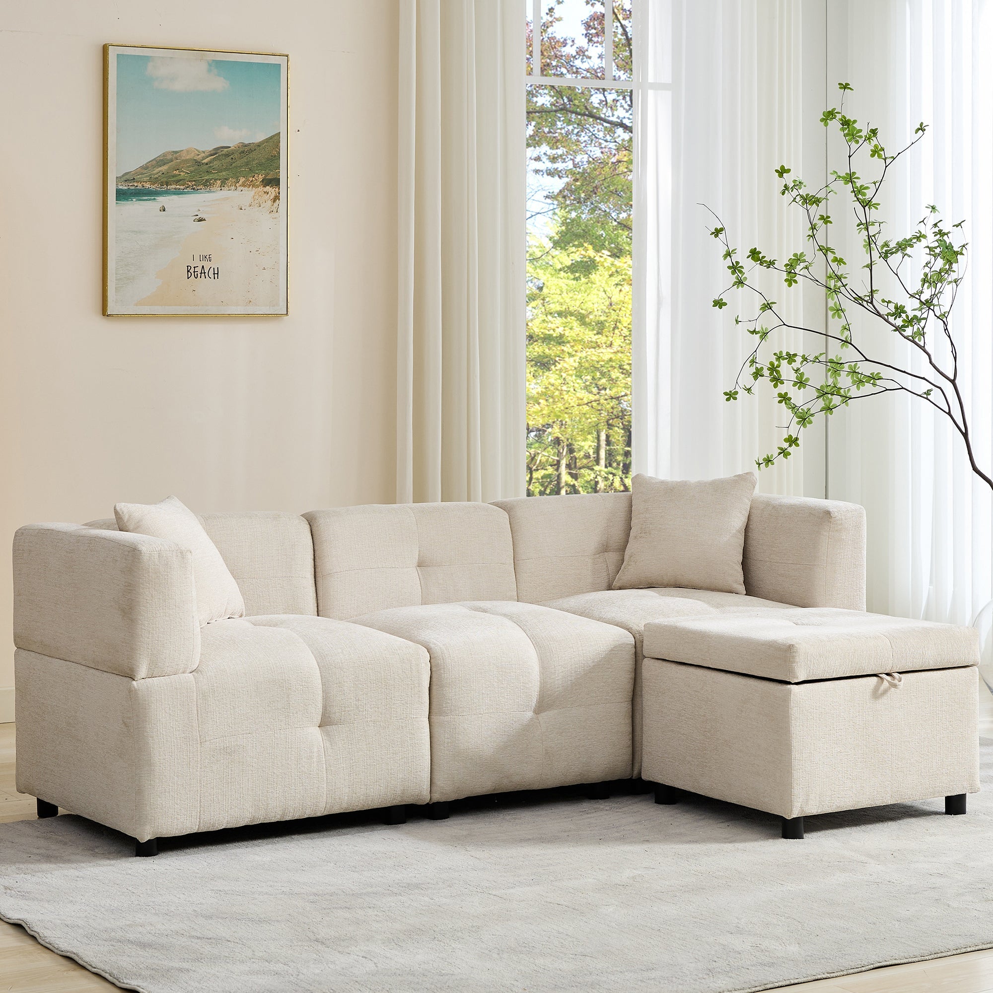 Sectional Sofa Couch 80" with Removable Storage Ottoman & 2 Pillows, L-Shaped Fabric, Beige