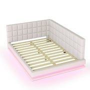 Upholstered Sofa Bed 160x200cm Multifunctional LED USB Slatted Frame - Velvet Beige