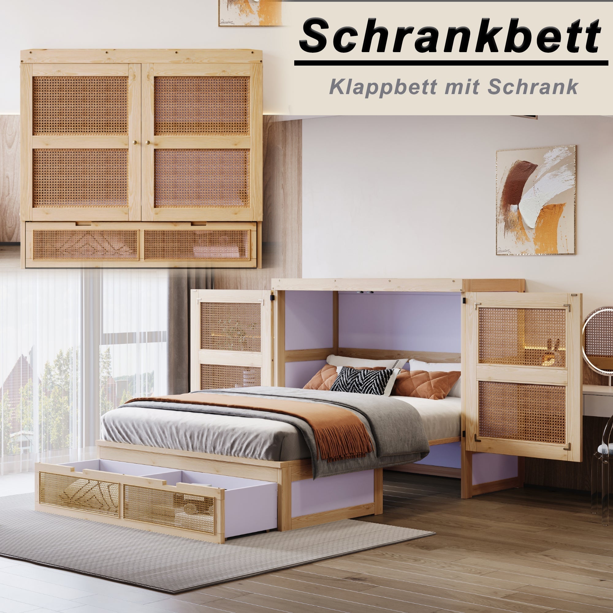 Vertical Wall Bed with Slatted Base and Storage Drawers, 140 x 200 cm, Wood Color