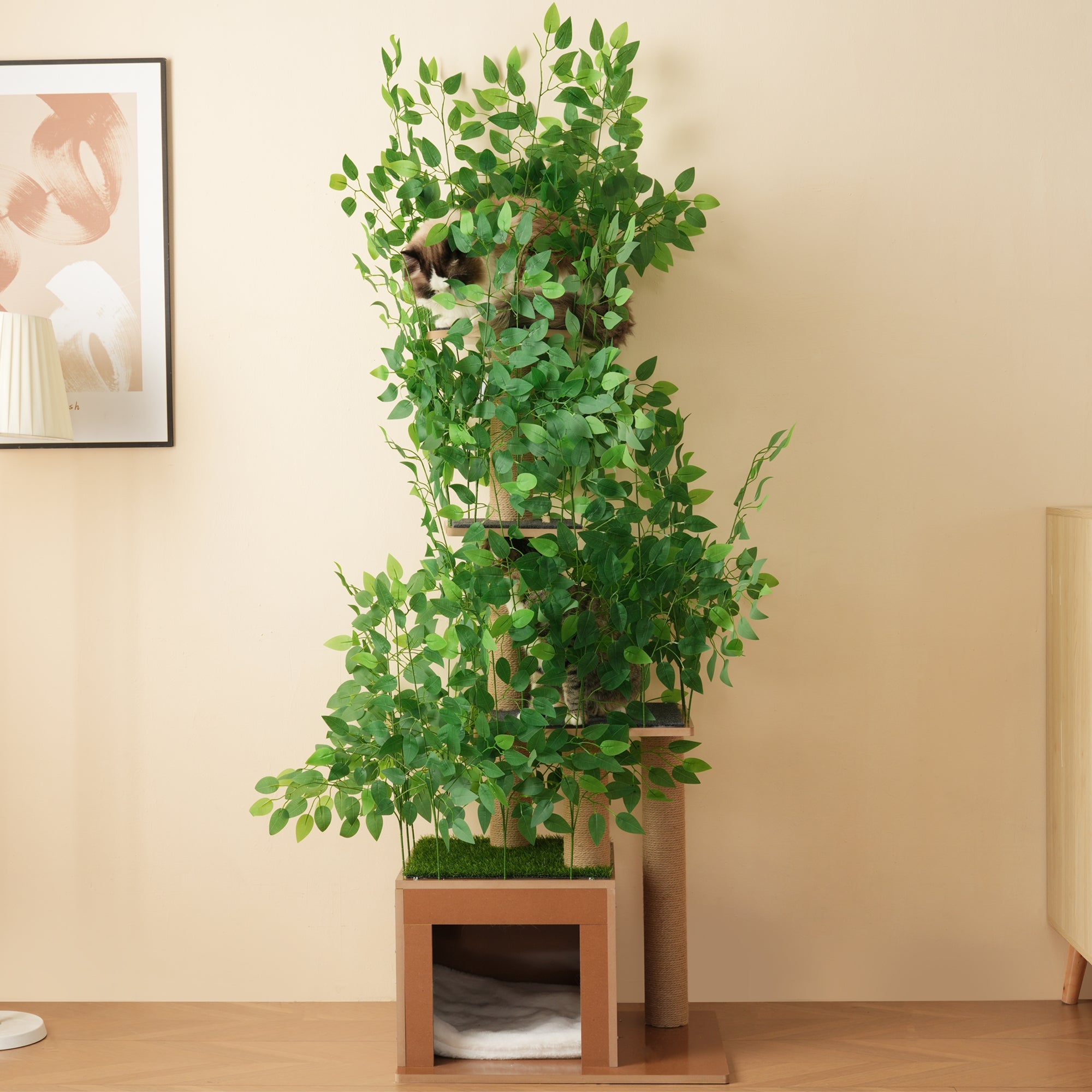 Cat Tree 190cm Tall Tree-Shaped 4 Platforms with Cat Holes Scratch-Resistant MDF
