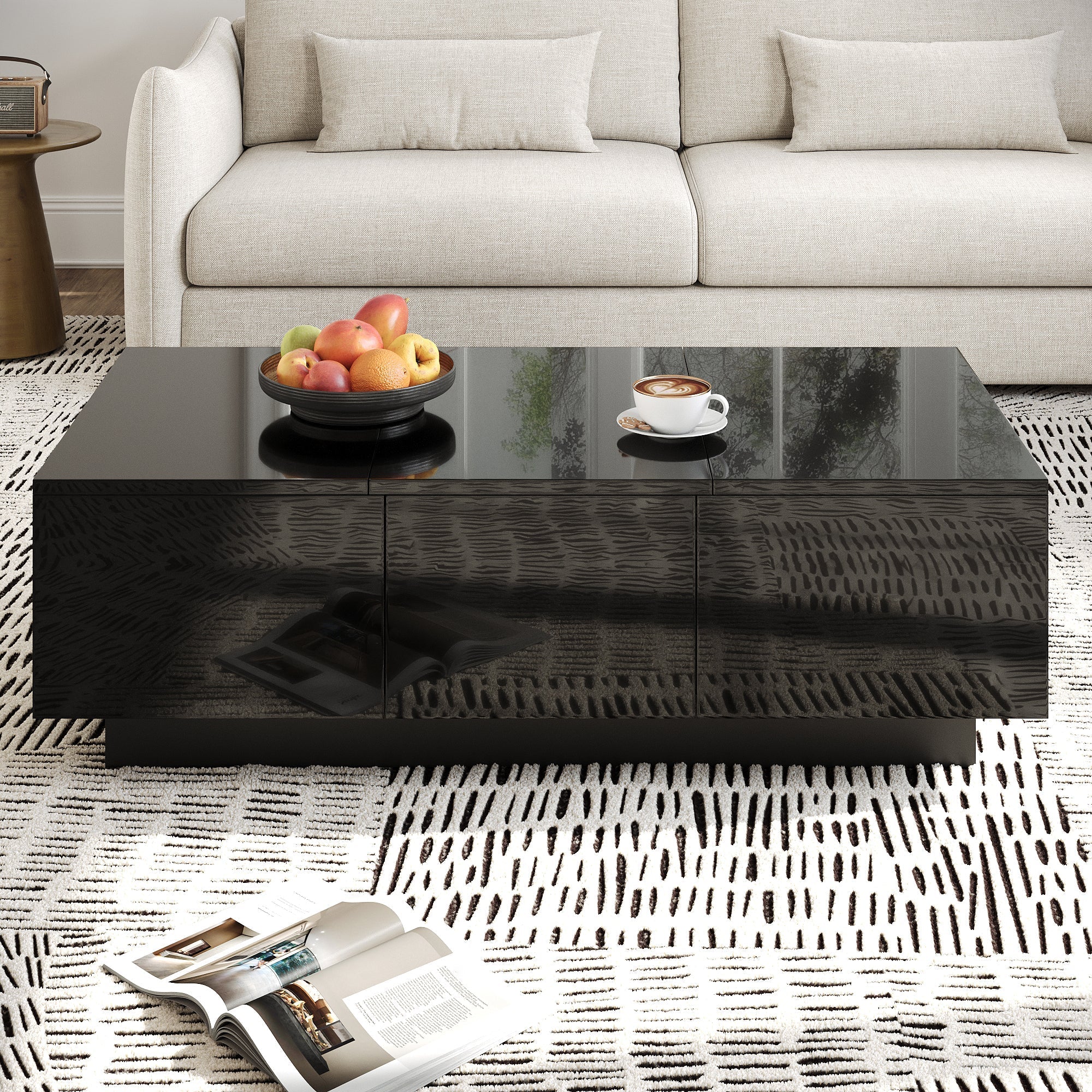 Coffee Table Modern Rectangular High-Gloss with Drawers Sliding Compartment Black