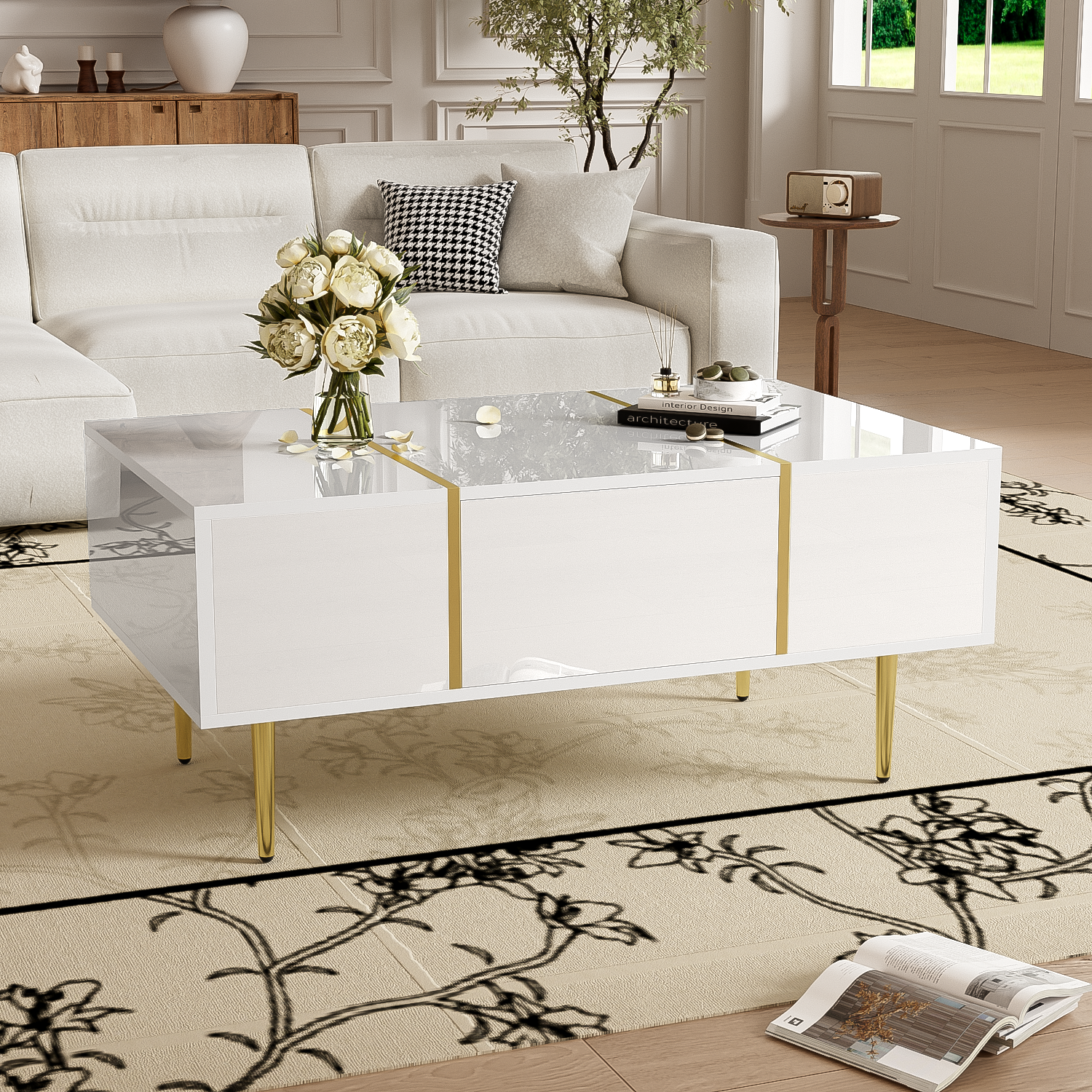 White Coffee Table, High Gloss Modern with 2 Drawers