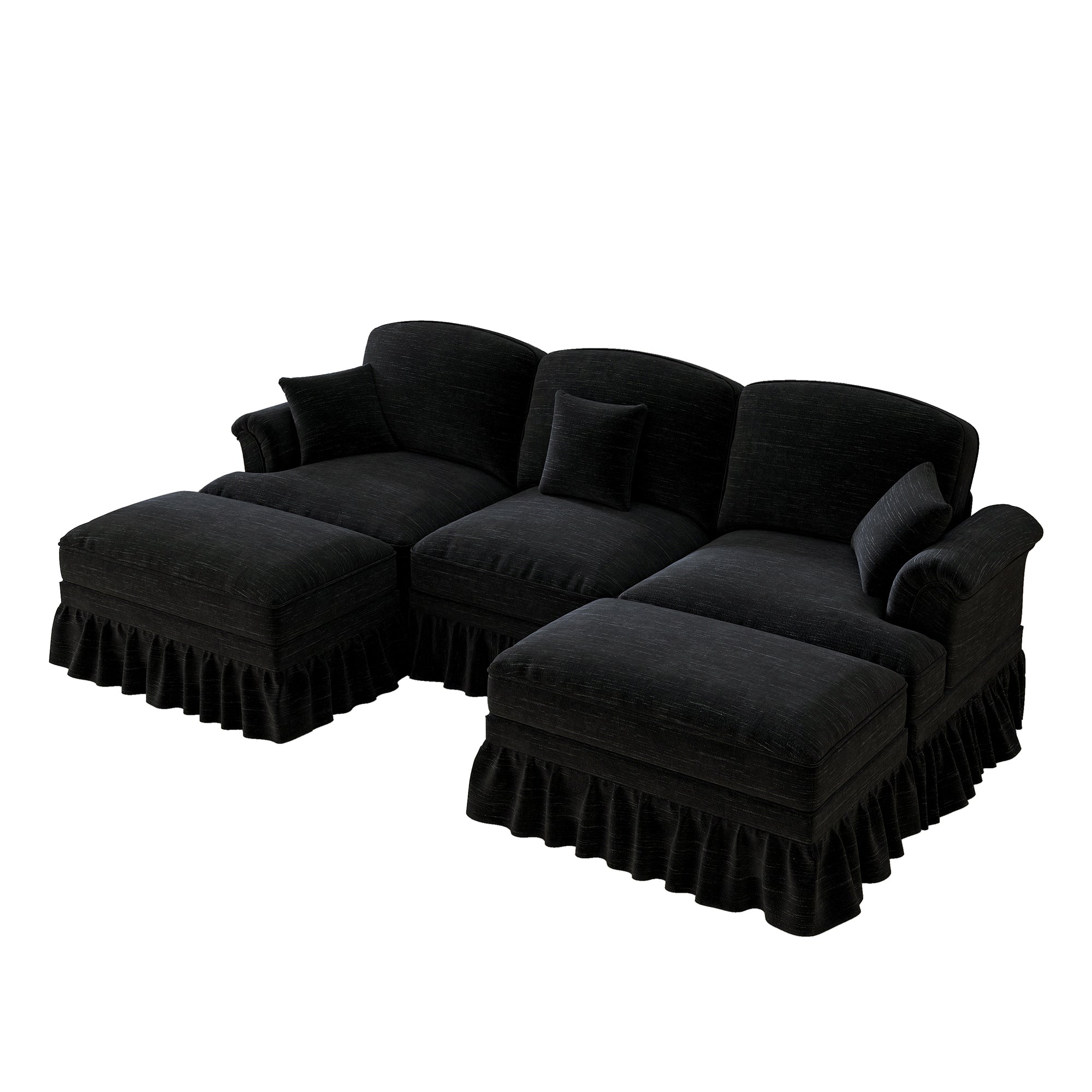 Modular U-Shaped Sofa Movable Ottoman Ruffled Apron Chenille Black