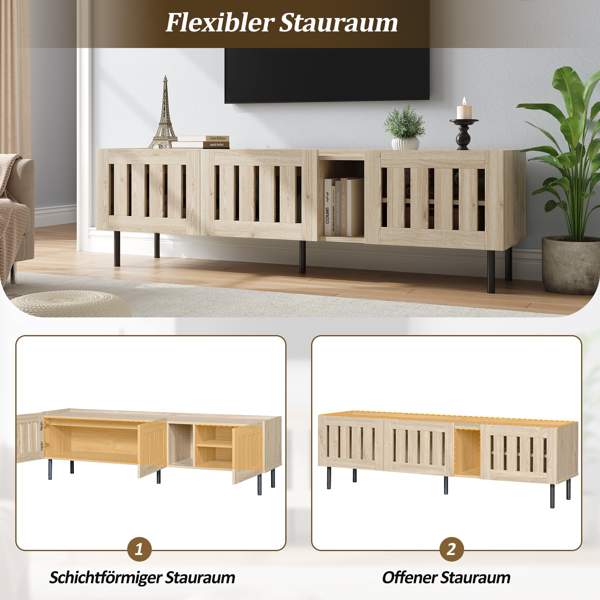 Minimalist Lowboard TV Stand 160cm Openwork Design for 65-inch TV - Natural Wood