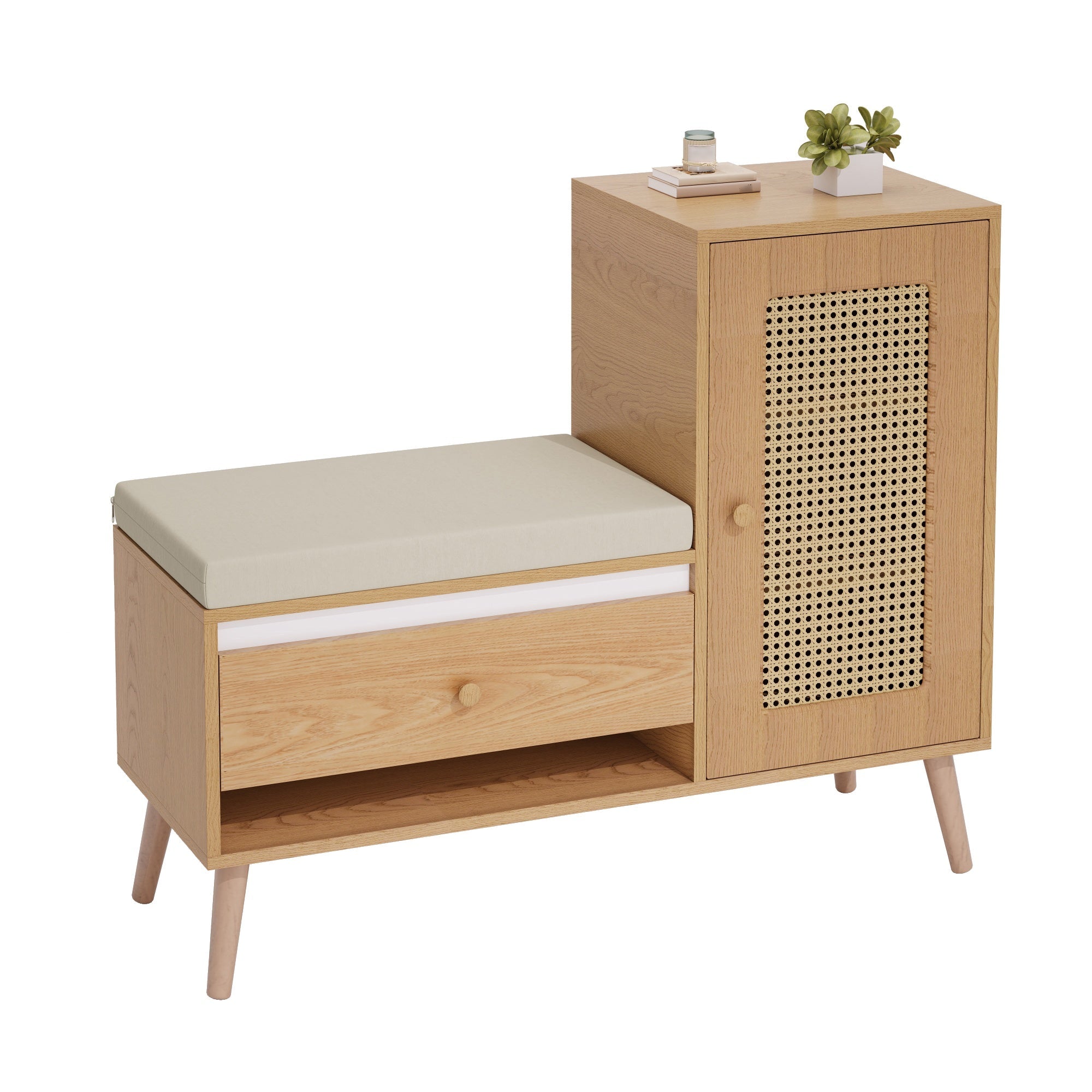 Shoe Cabinet, Entryway Bench with Storage Drawers and Seat Cushion, Rattan