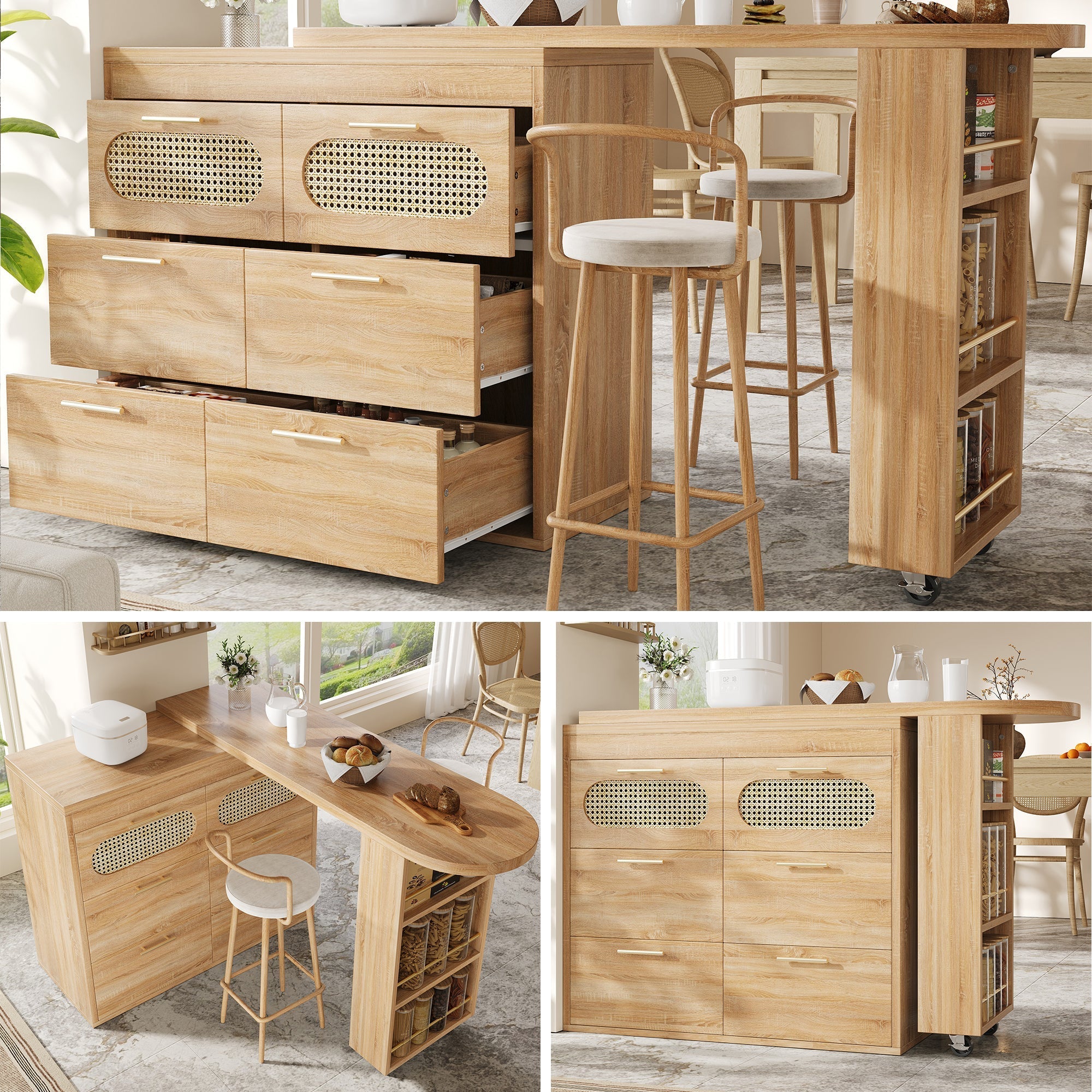 360° Rotating Bar Table with 6 Drawers and Anti-Tip Device, PE Rattan and Metal