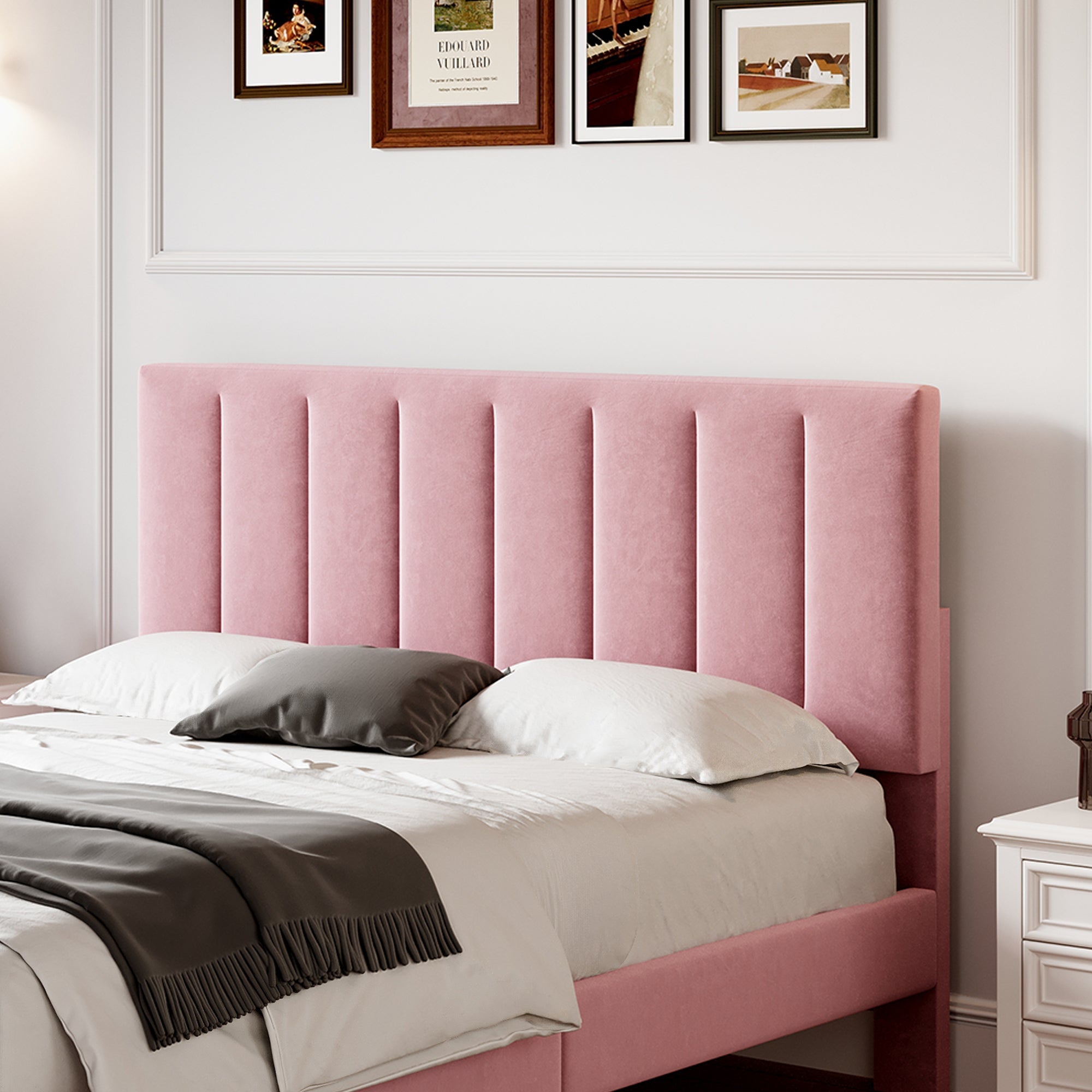 4ft6 Double Upholstered Velvet Bed Frame, Adjustable Channel Tufted Headboard, Pink