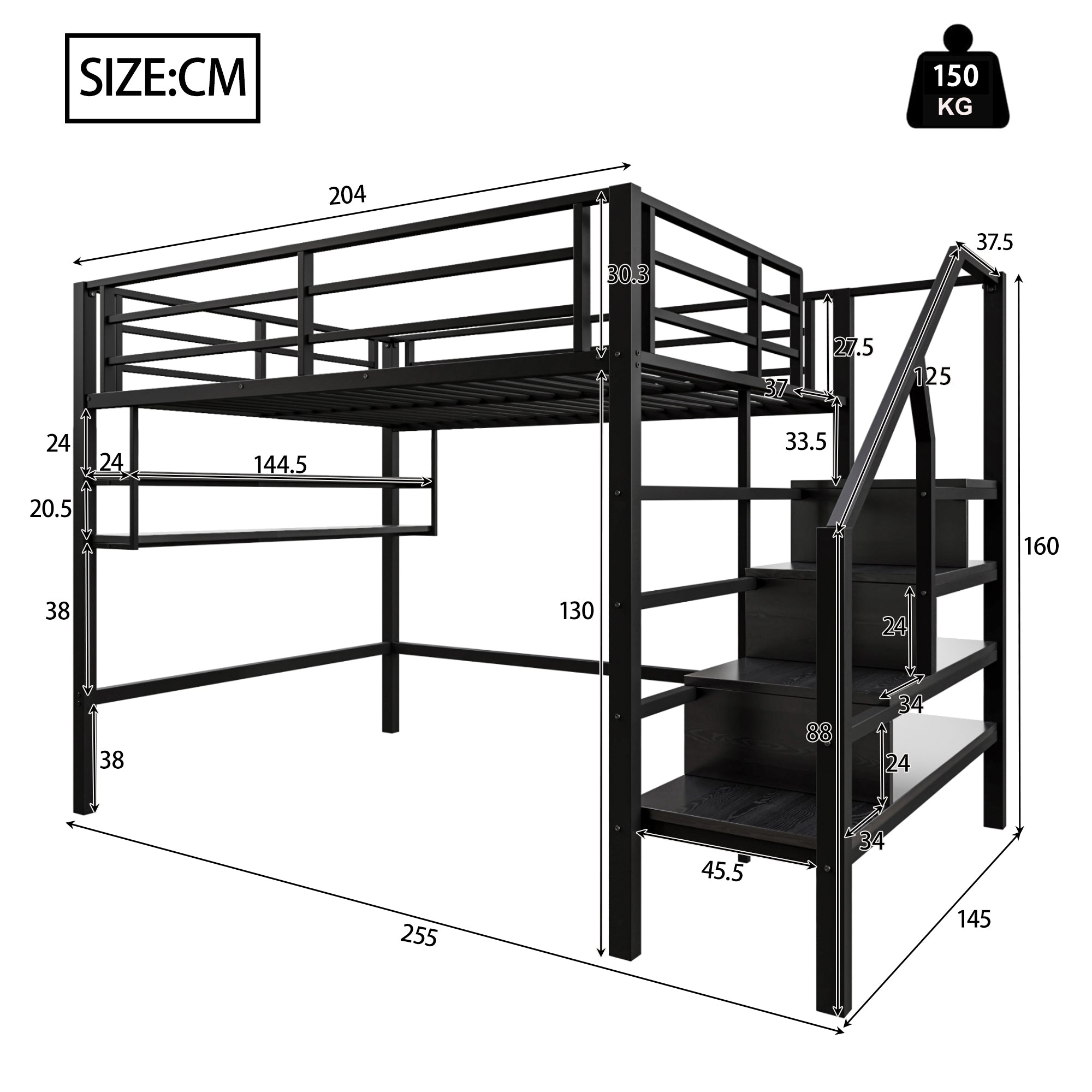 Loft Bed 140x200cm Storage Ladder Shelves Railing Black