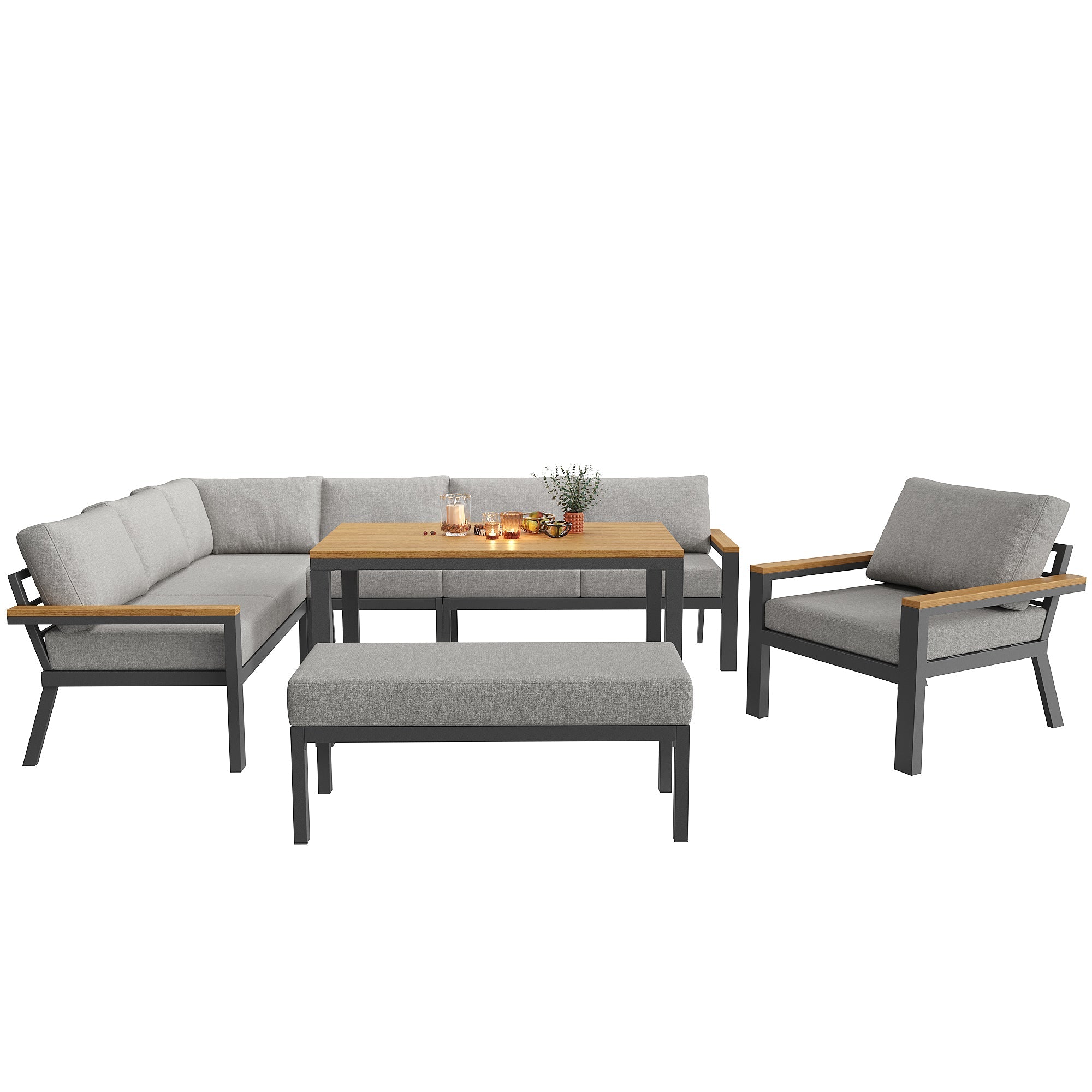L-Shaped Garden Sofa Set 8-Person Iron Frame Wood Table - Grey Cushions