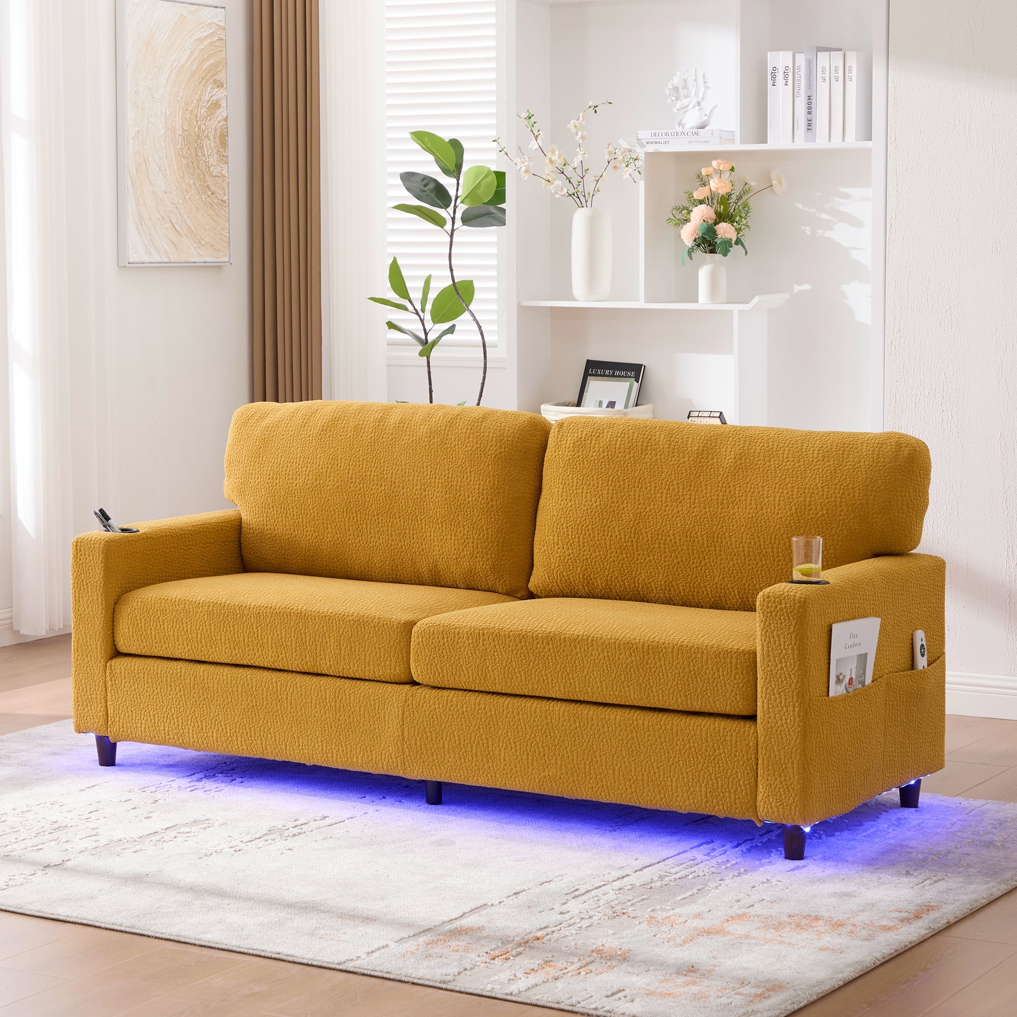 2-Seater Sofa USB-C LED Cup Holders Storage - Mustard Yellow Chenille