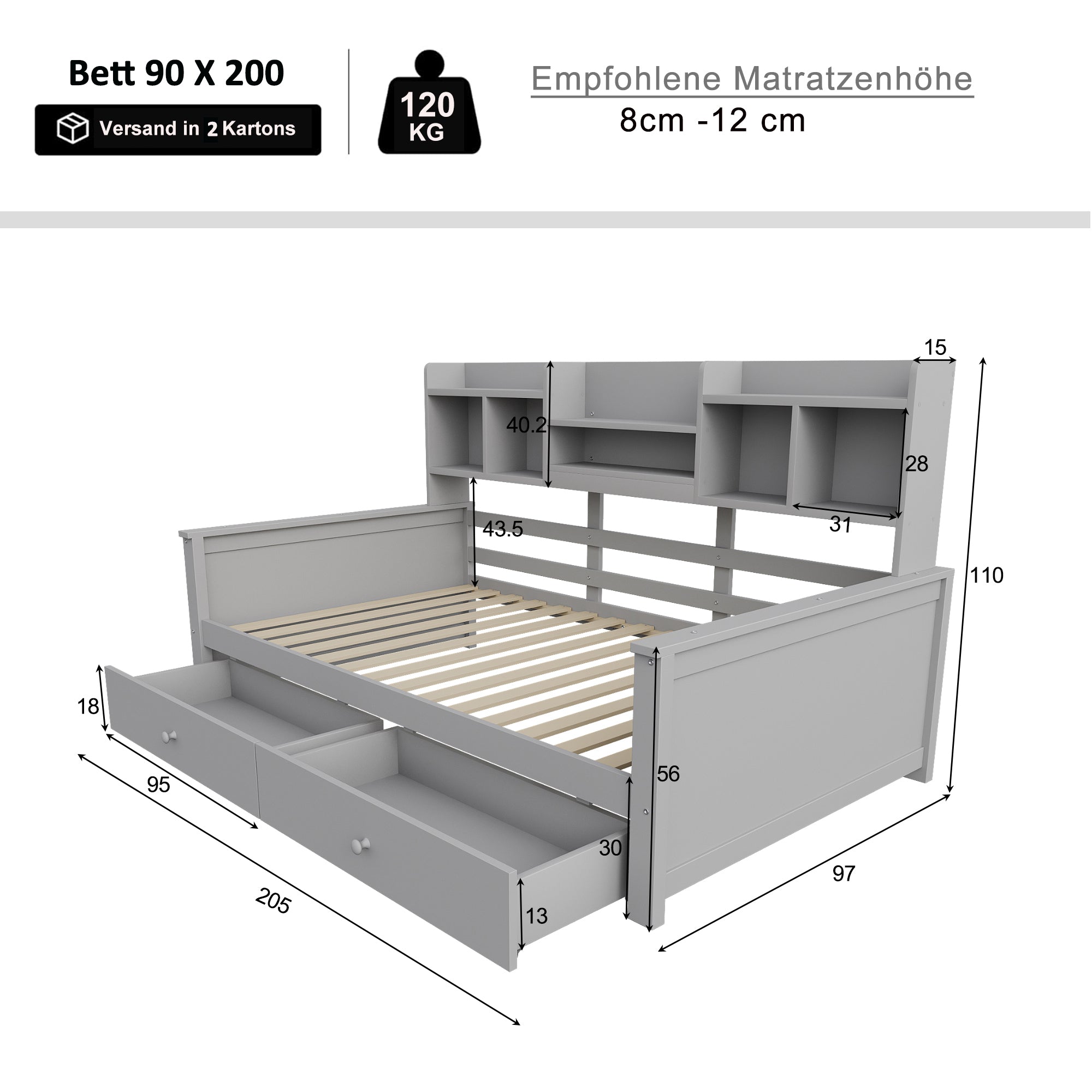 Single Sofa Bed 90x200 with Drawers, Shelves and Slatted Frame, Solid Wood Grey