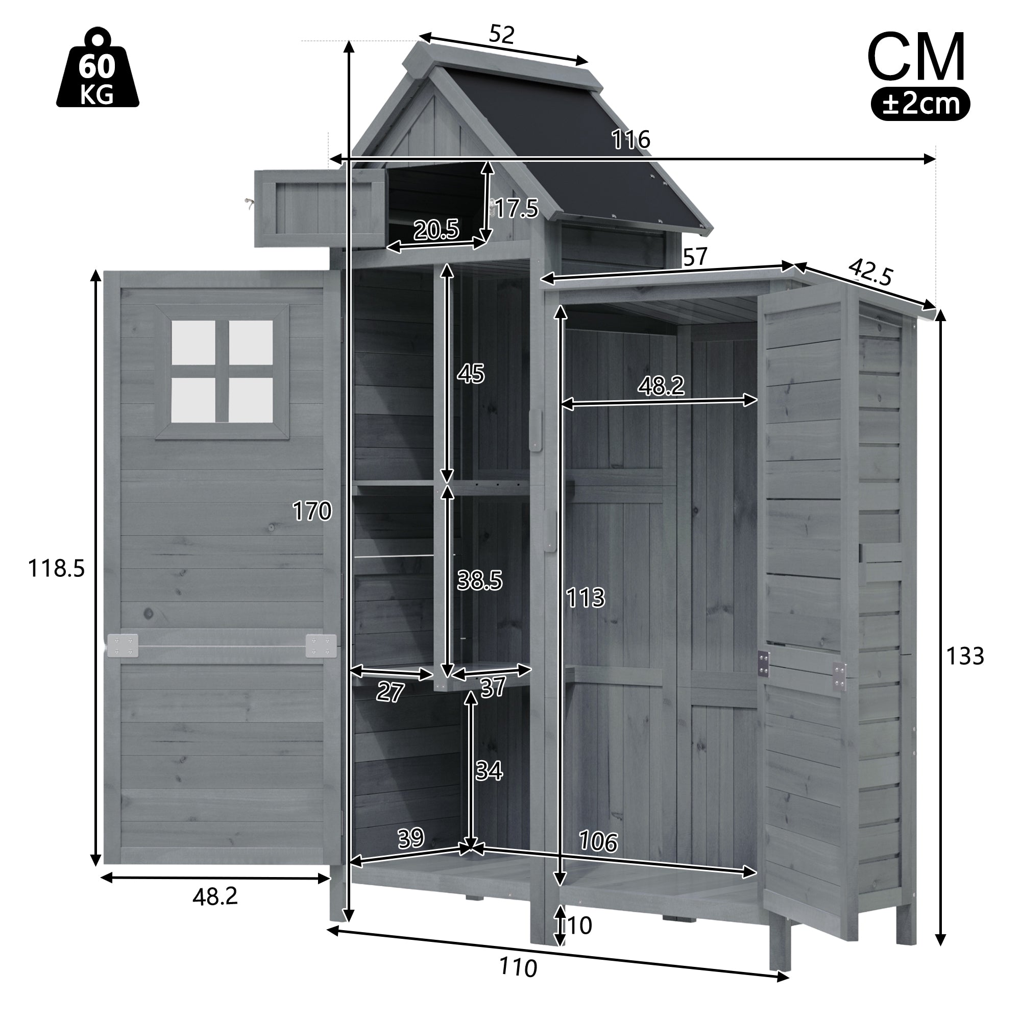 Outdoor Storage Shed with Weatherproof Double-Door and Large Storage, Grey Fir Wood