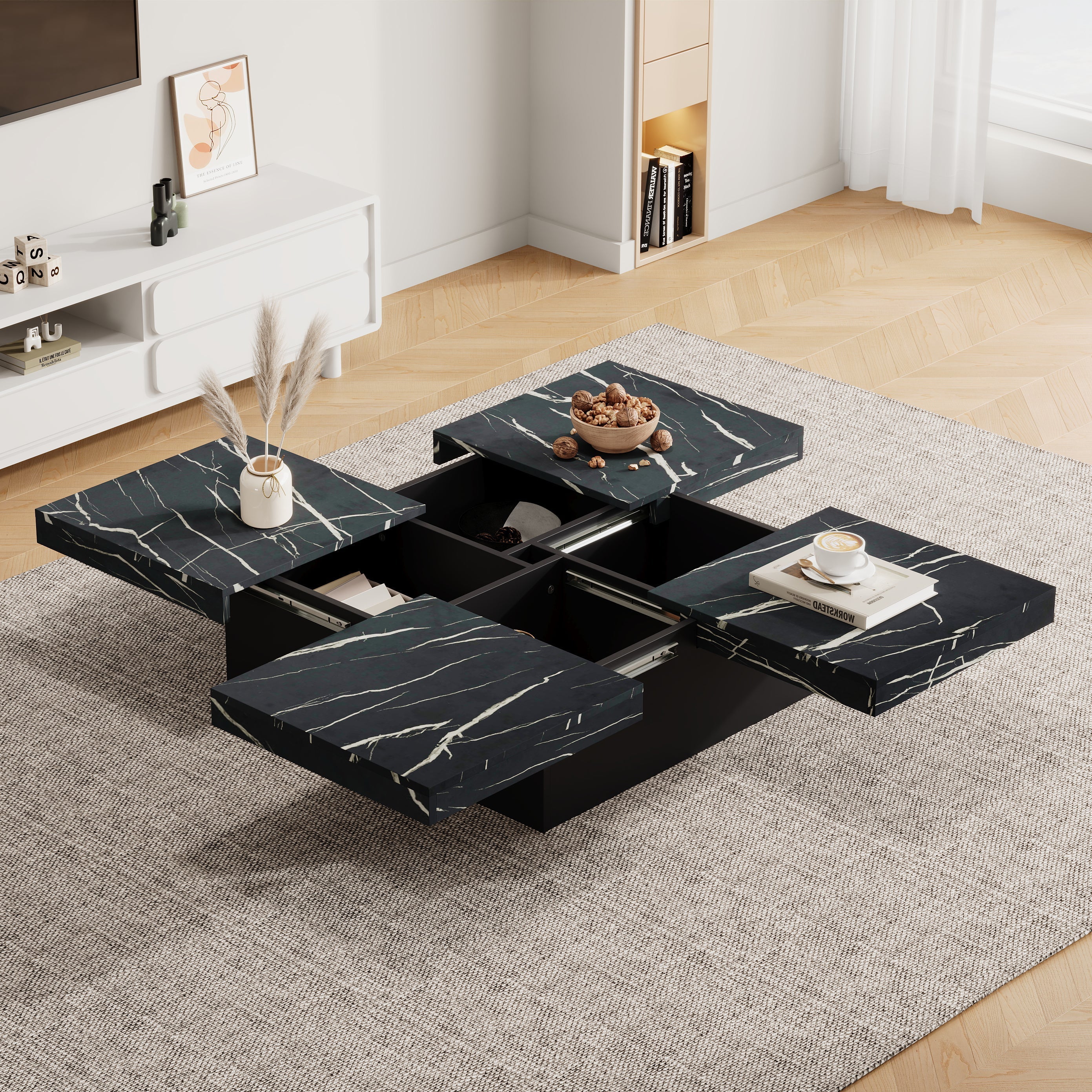 Coffee Table, Square 90x90x25cm with Four Drawers, Sliding Tabletop, Black Marble Look