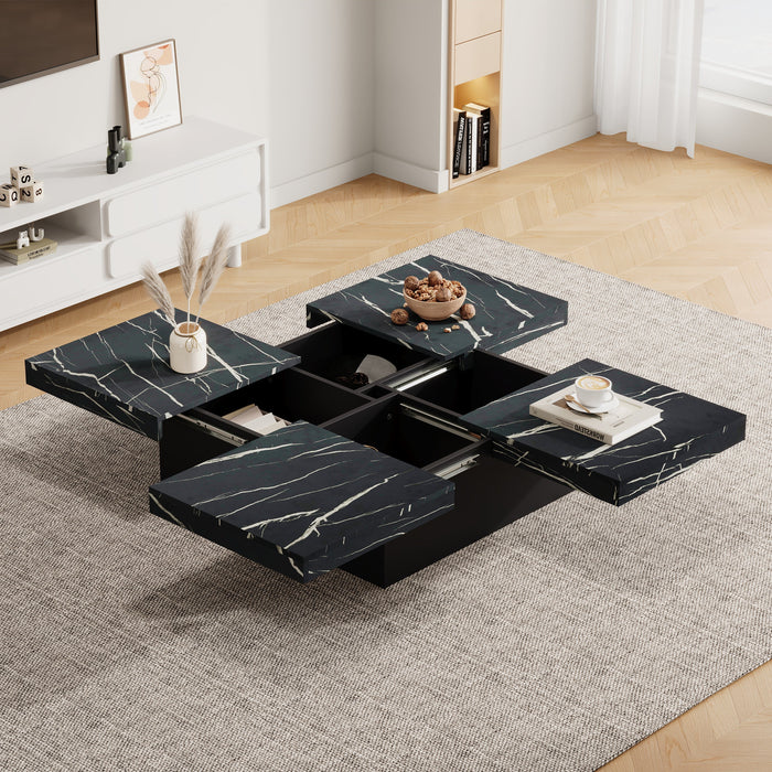 Coffee Table, Square 90x90x25cm with Four Drawers, Sliding Tabletop, Black Marble Look