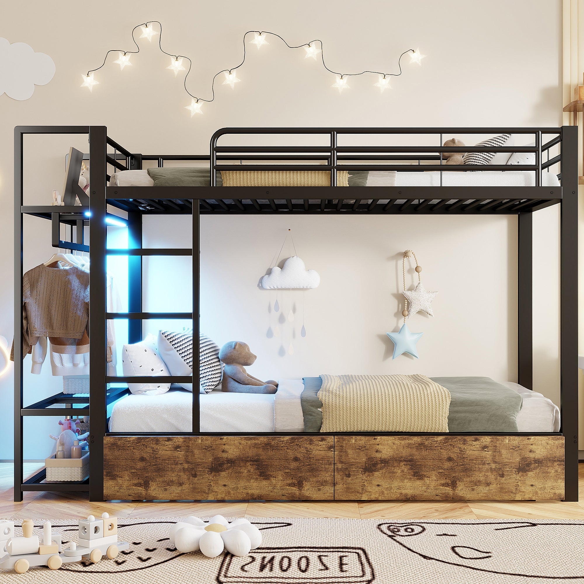 Bunk Bed with 2 Drawers, Shelves, LED and Clothes Rail, 90x200cm, Black Iron Frame