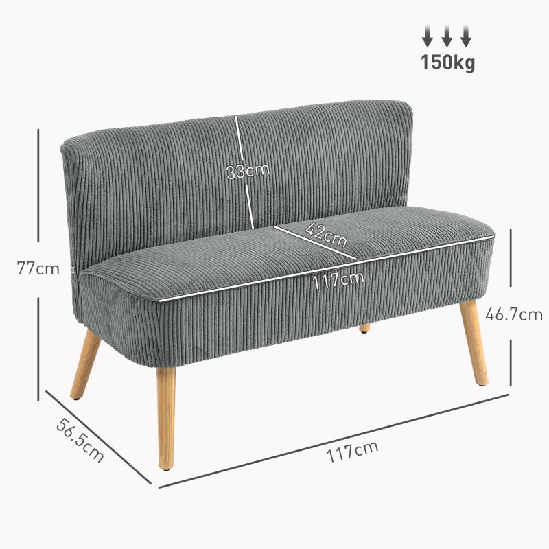 Modern Double Seat Sofa Wood Frame High Back Corduroy Grey
