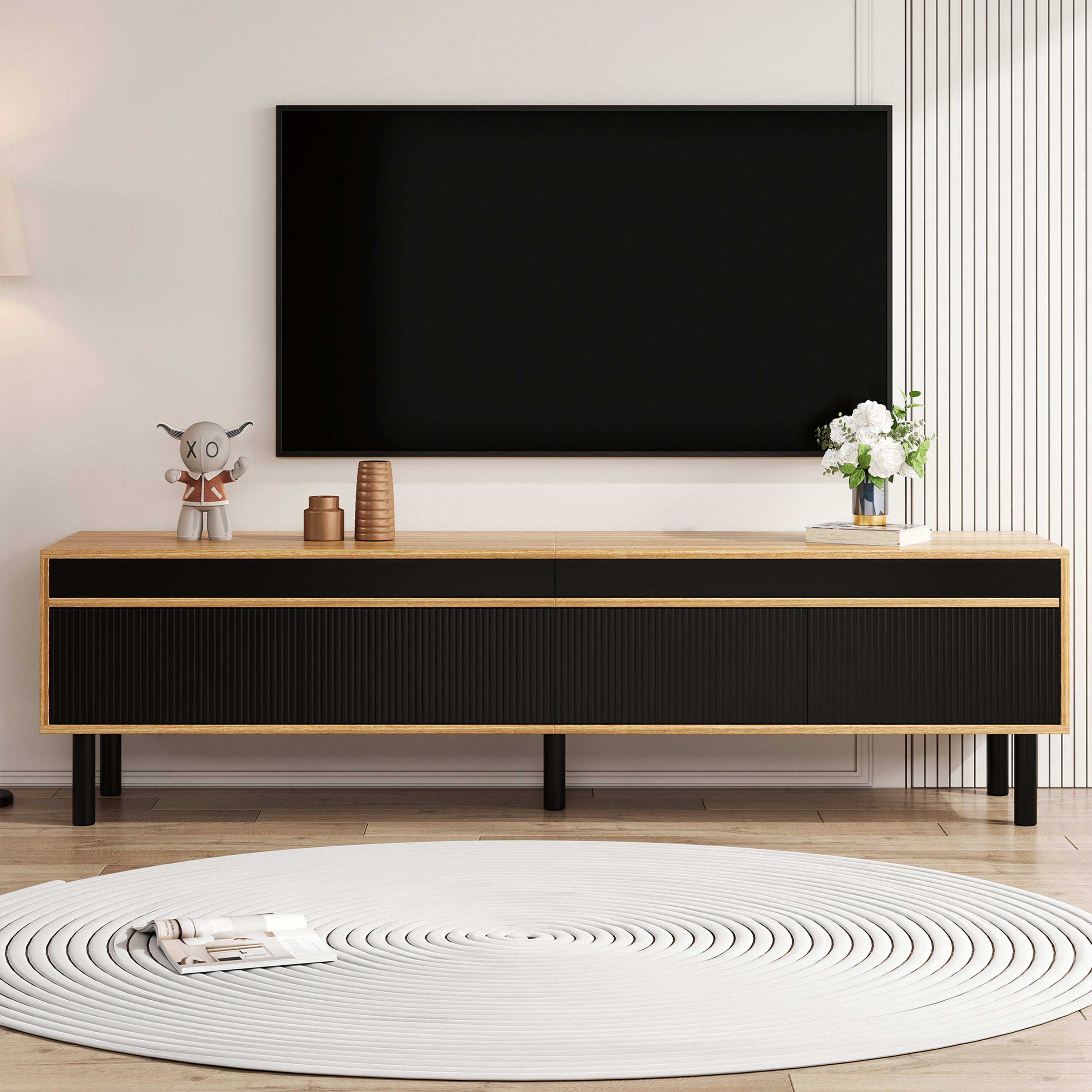 TV Cabinet with TV Panel, 4 Doors, Fine Texture, Black or Natural Wood