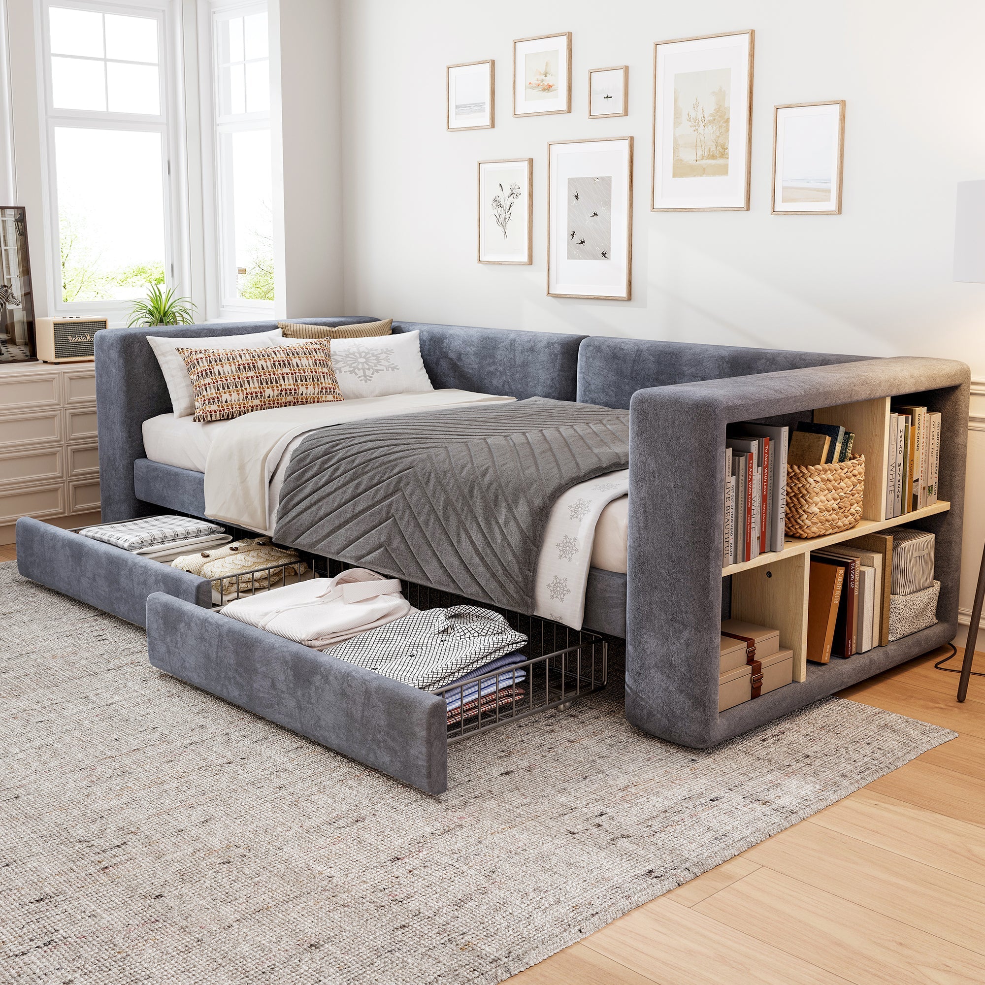 Upholstered Bed, 3FT Single 90x190cm Daybed with Storage, Velvet Grey